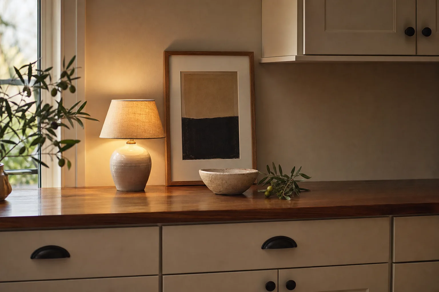 Cozy kitchen counter with a small shaded lamp, framed art and ceramic bowl
