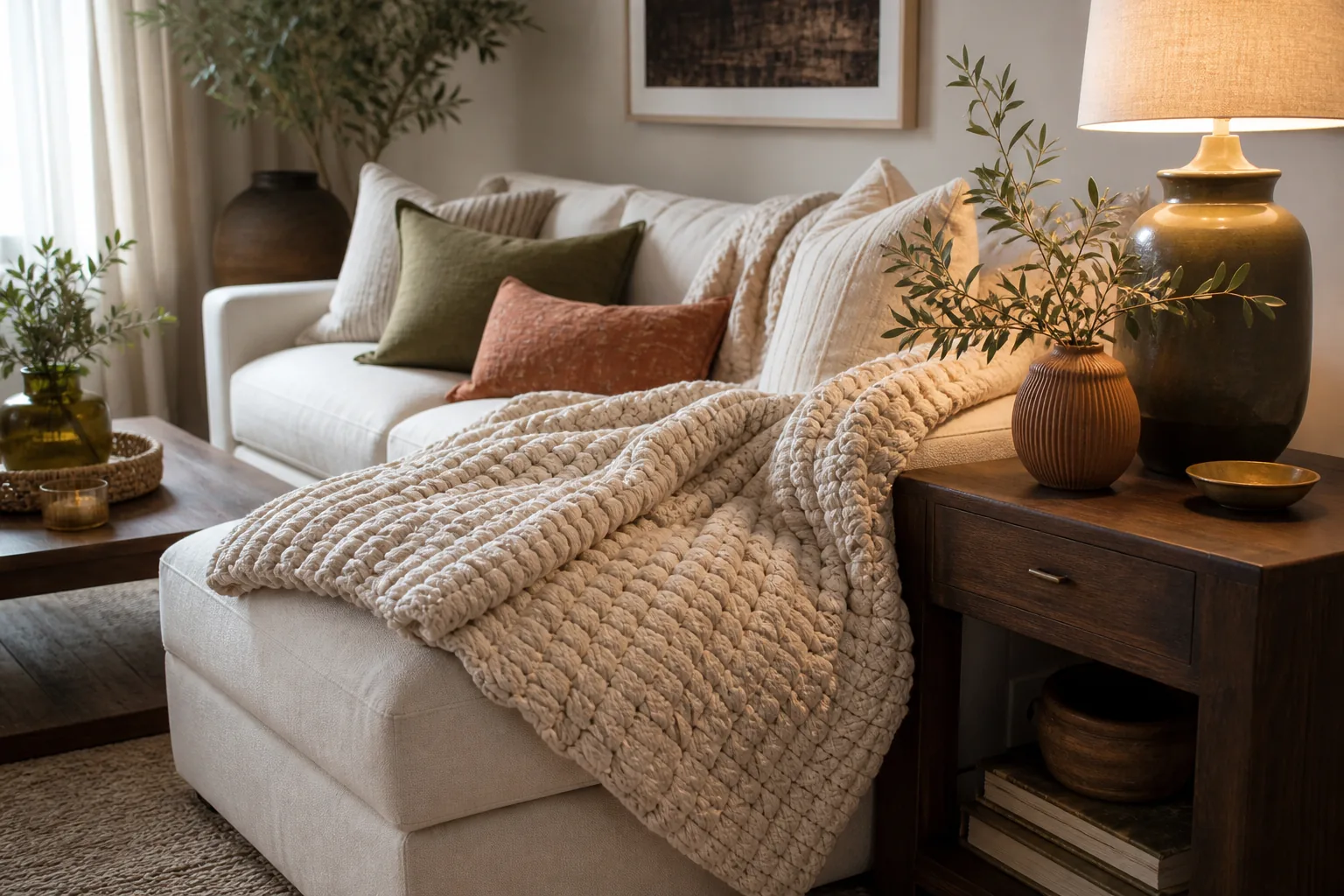 19 Fall Living Room Decor Ideas for 2026 That Feel Cozy and Collected 5 Textured oatmeal throw draped over a warm neutral sofa in a cozy fall living room