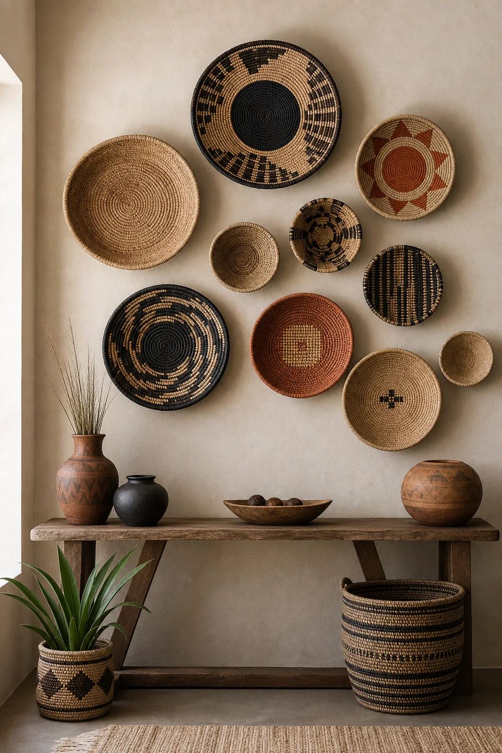 Afrobohemian woven basket wall above a wood console