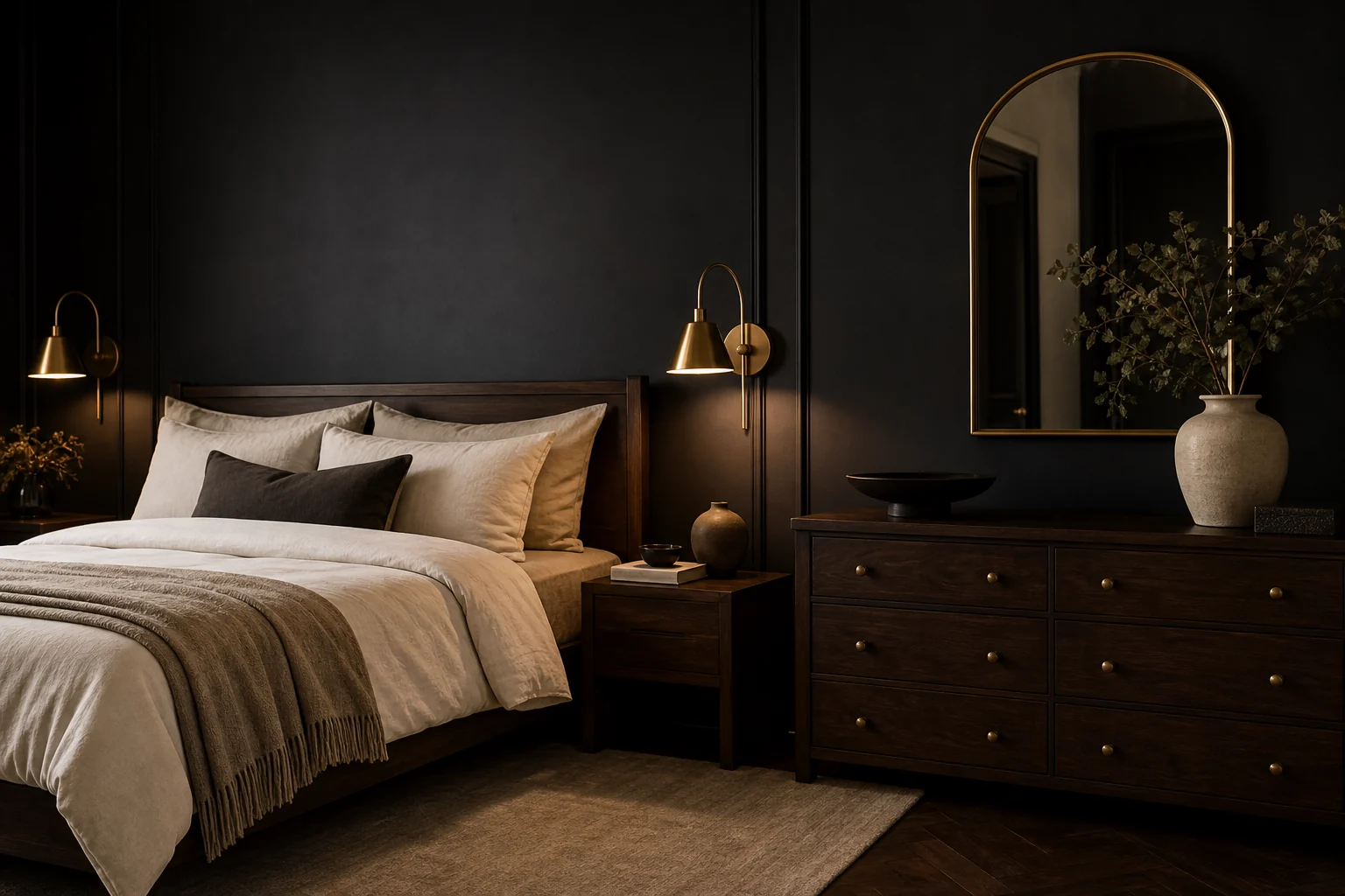 Sophisticated black bedroom with aged brass sconces, curved mirror, dark wood furniture and ivory bedding