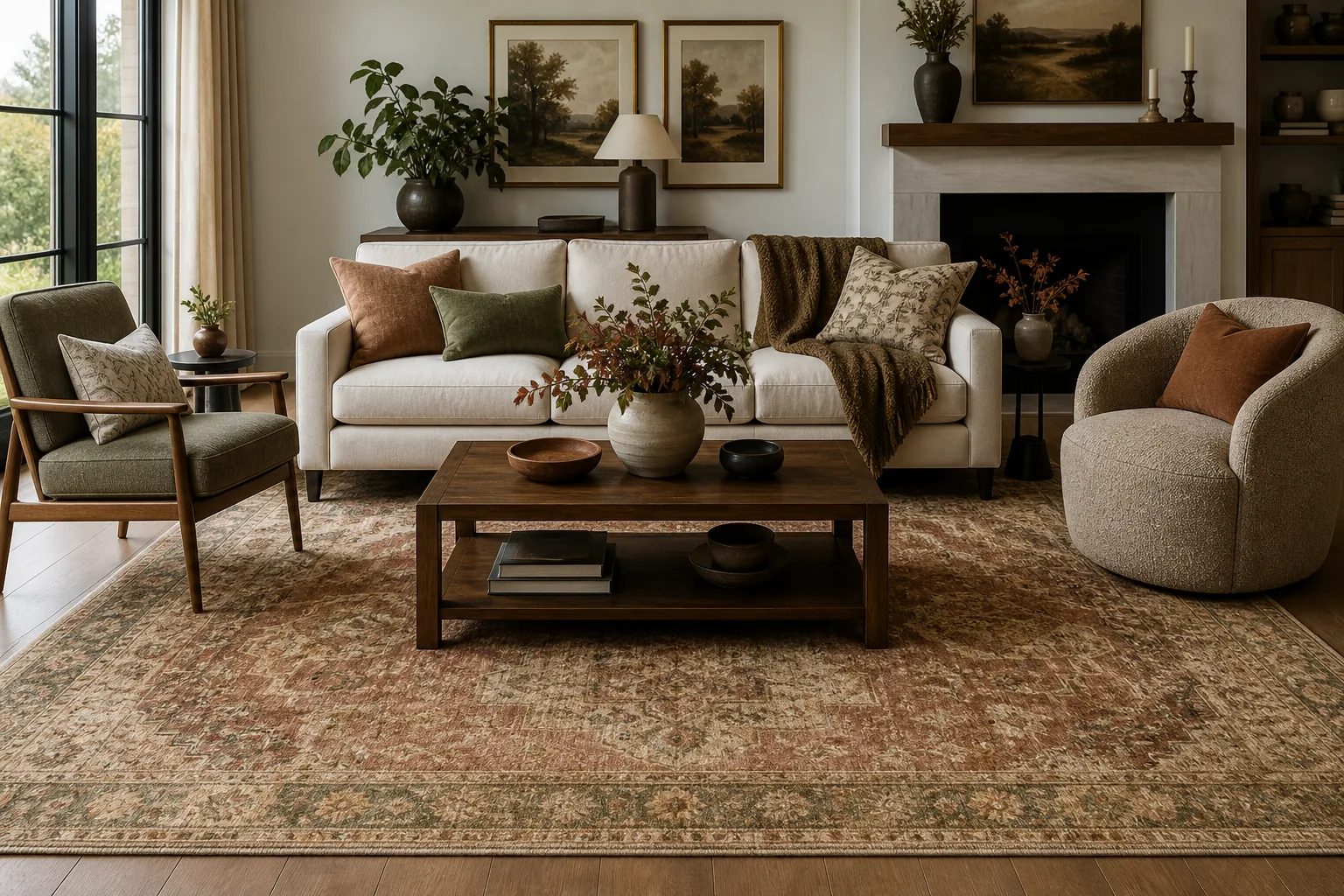 19 Fall Living Room Decor Ideas for 2026 That Feel Cozy and Collected 6 Cozy living room anchored by a large muted rust and brown patterned rug for fall