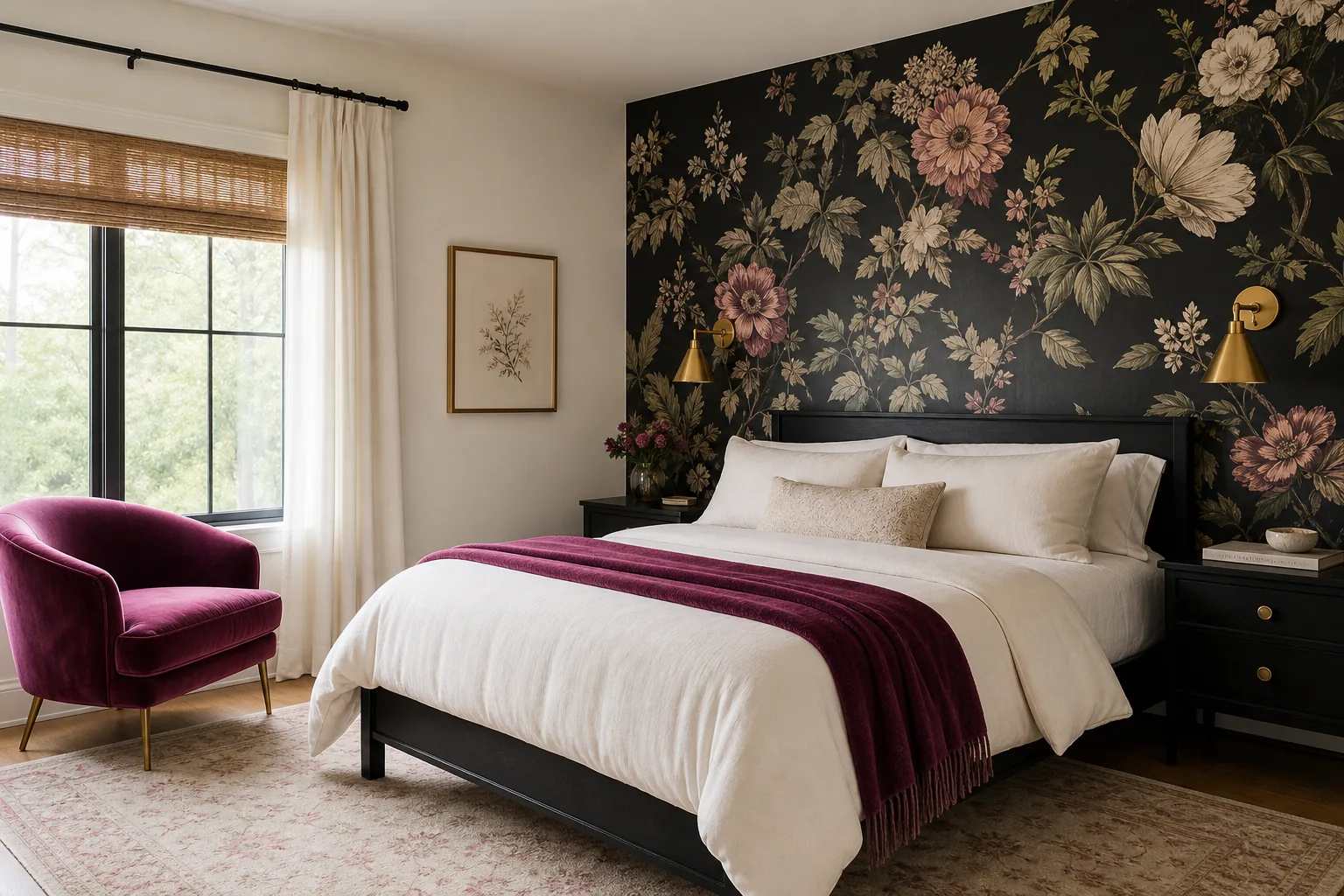 Black botanical wallpaper bedroom with magenta velvet accents, ivory bedding and refined brass lighting