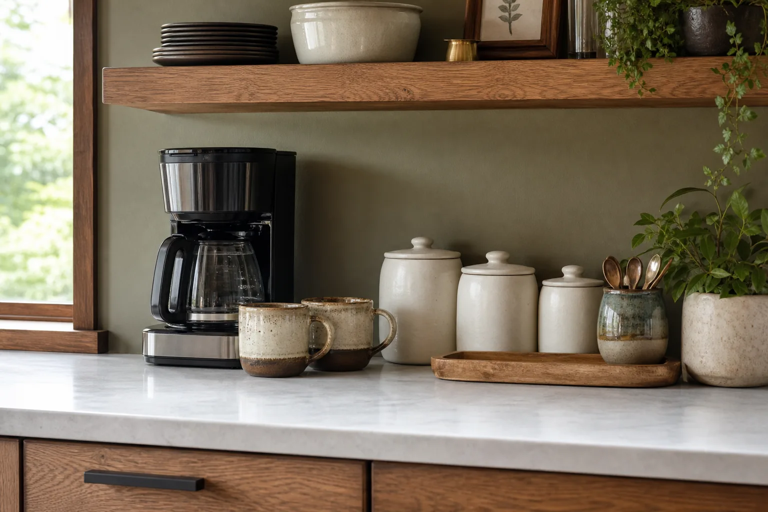 Organized kitchen coffee station with a coffee maker, mugs, canisters and a narrow wood tray