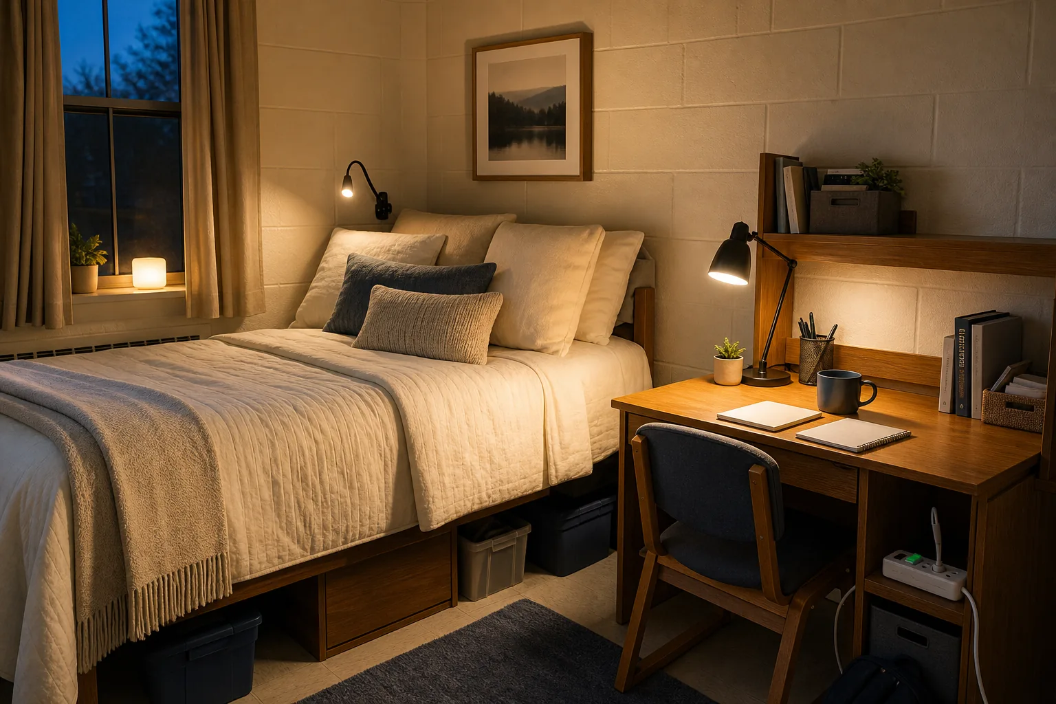 Cozy dorm room with warm desk lamp, clip-on reading light and soft ambient lighting arranged around a compact bed