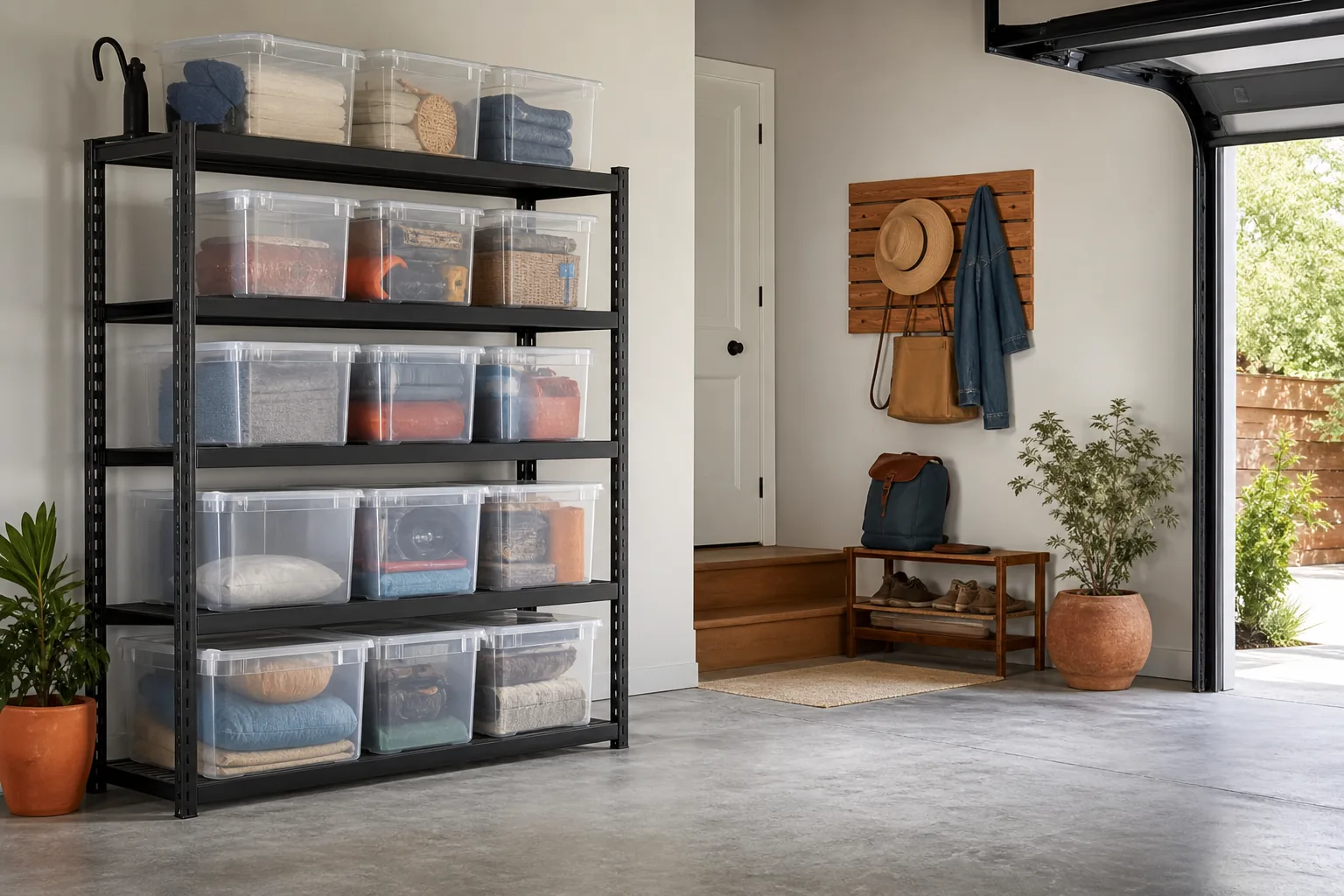 Sturdy freestanding garage shelving fitted with matching clear storage bins and an open floor below
