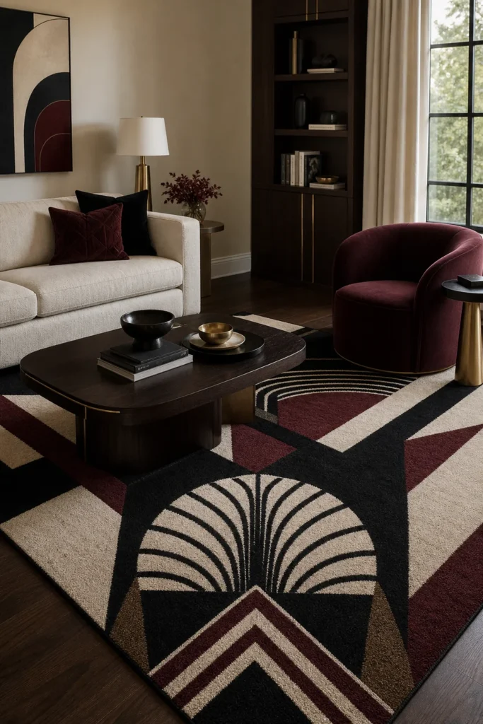 Geometric rug in a glamorous Neo Deco living room