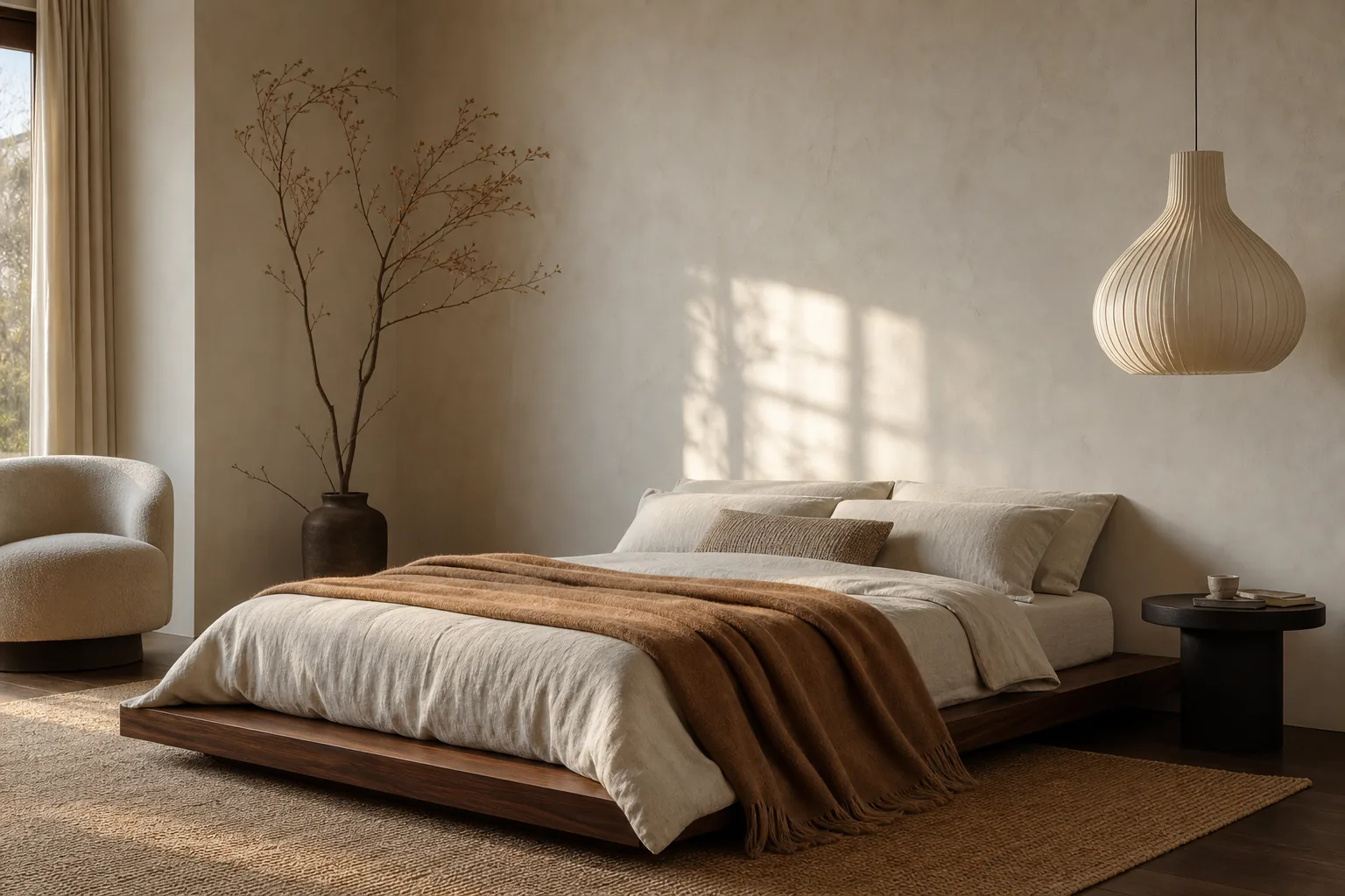 Minimalist fall bedroom with stone linen bedding, camel wool blanket, walnut platform bed and sculptural lighting