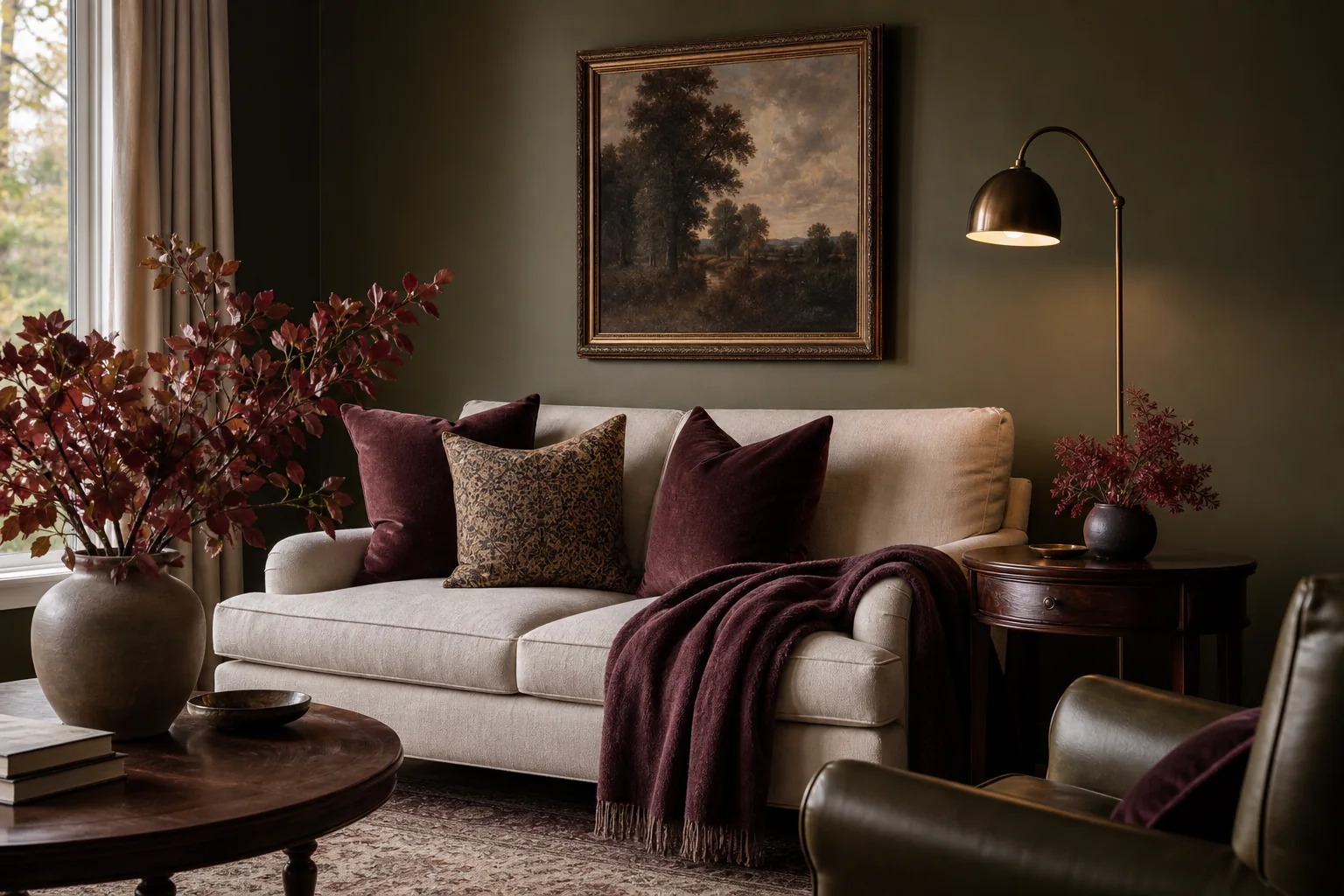 21 Cozy Fall Room Decor Ideas for a Warm, Aesthetic Home 5 Elegant fall living room with an olive wall, burgundy pillows and warm dark wood furniture