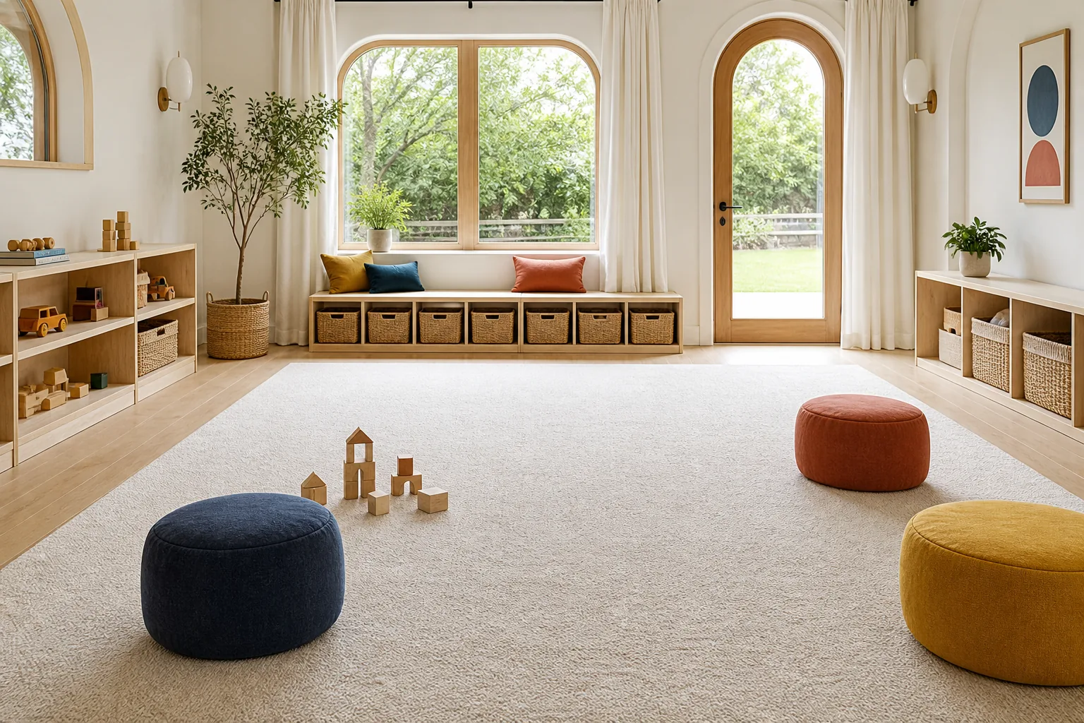 21 Playroom Inspiration Ideas for a Fun, Organized and Beautiful Kids' Space 6 Spacious playroom with an open central floor, padded rug, low storage and lightweight movable seating