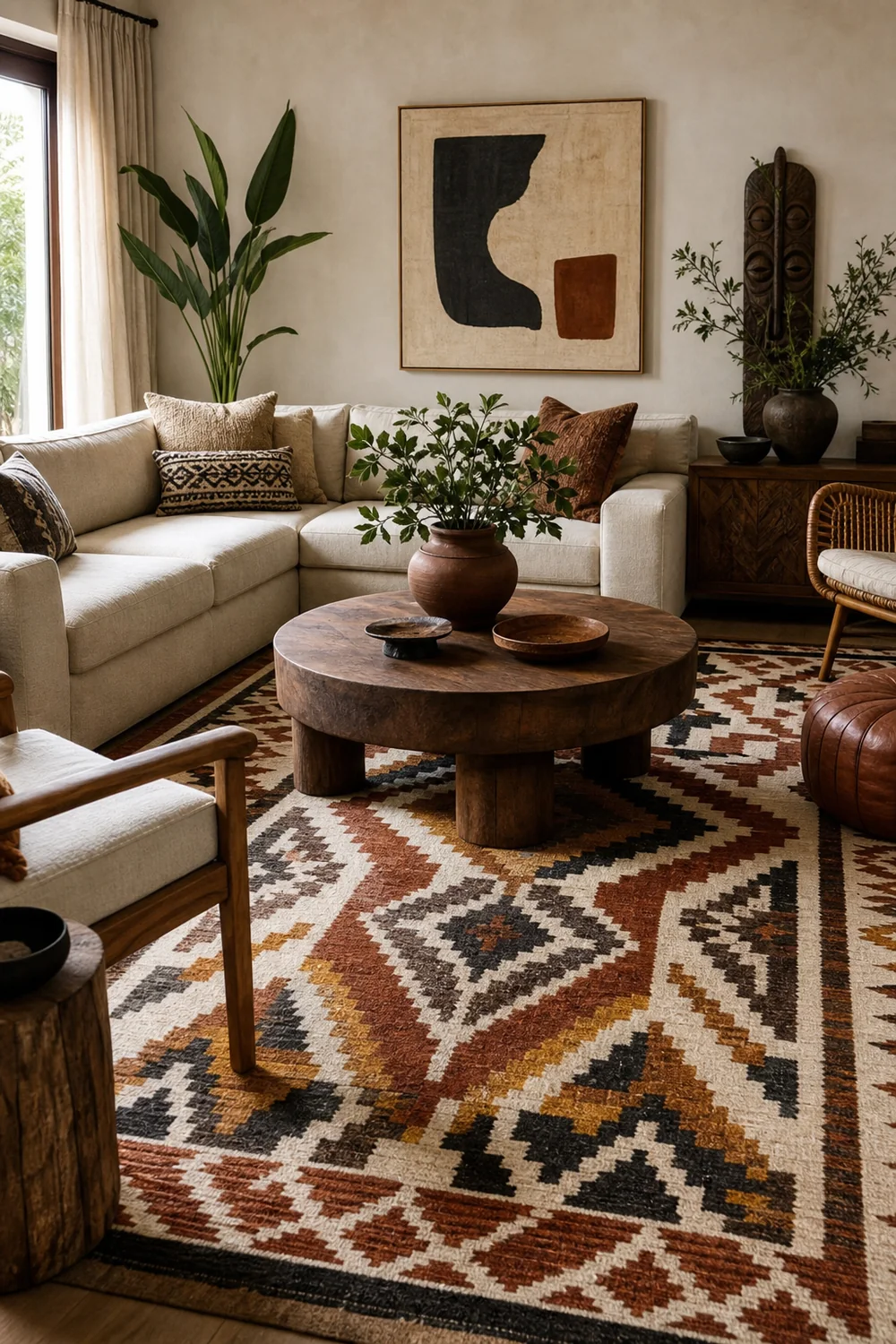 Geometric patterned rug anchoring an Afrobohemian living room