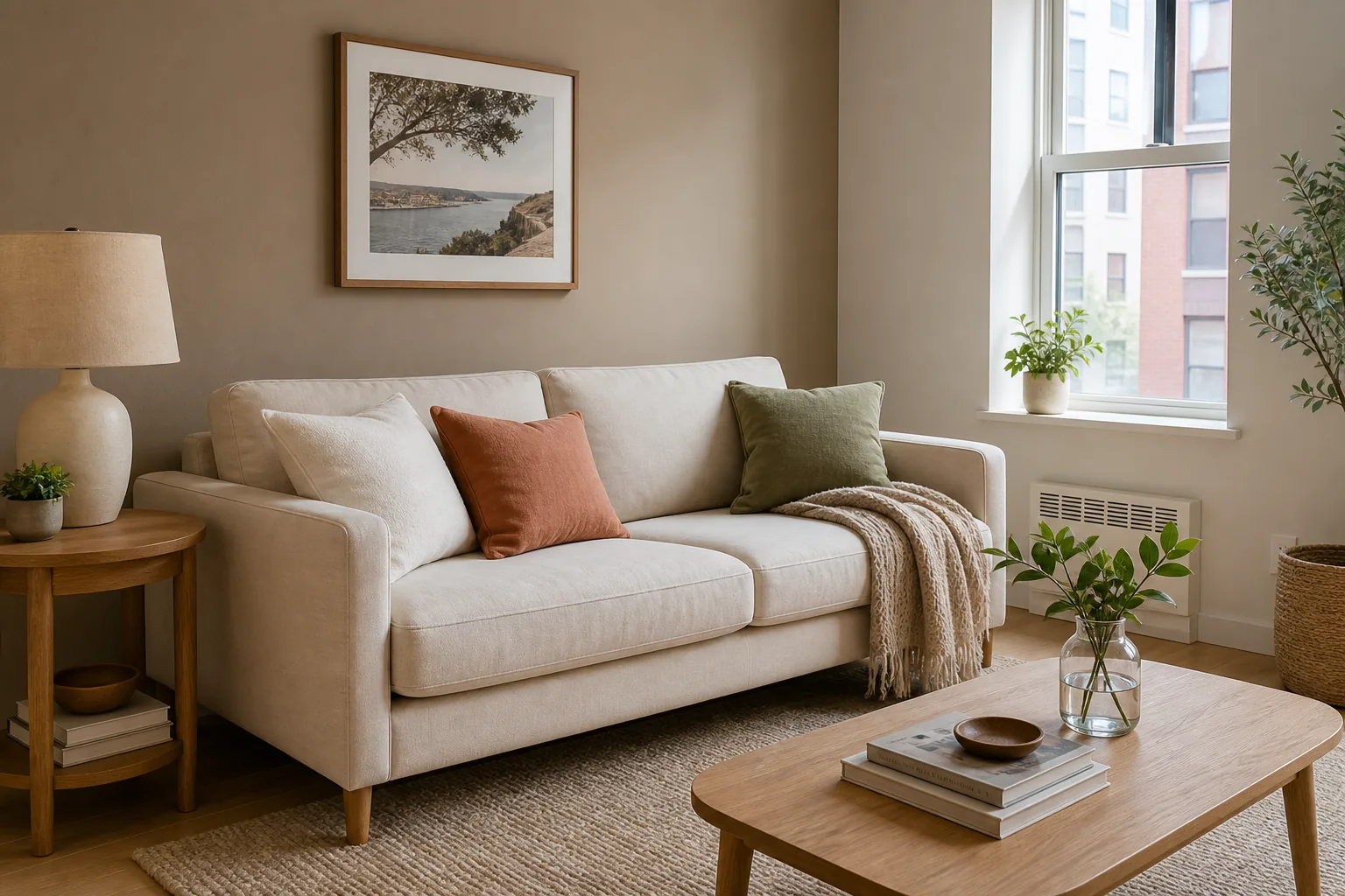 22 Cozy Apartment Aesthetic Ideas That Feel Warm, Not Cluttered 6 Relaxed cream apartment sofa with a knit throw and a few textured pillows in warm neutral colors