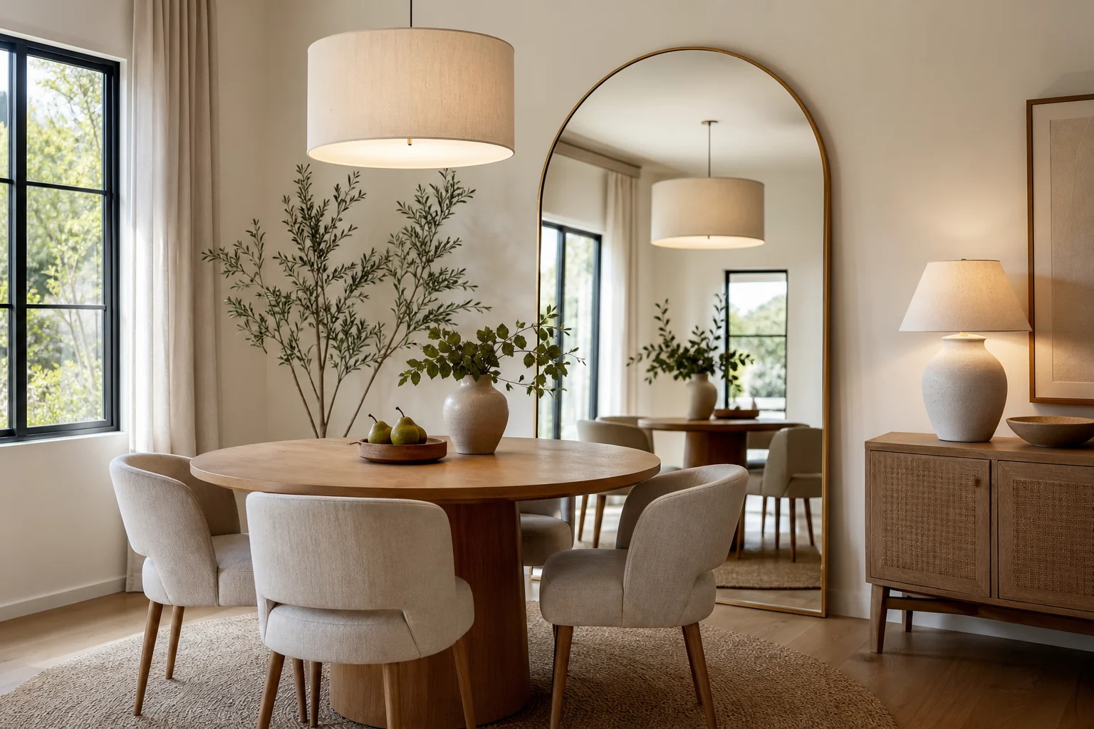 Arched mirror making a small dining room feel brighter and larger