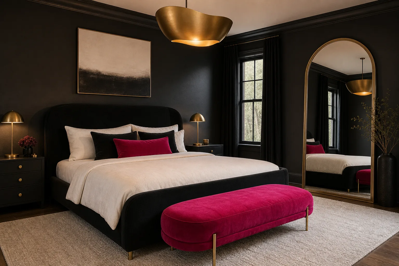 Modern glam black and hot pink bedroom with brass lighting, velvet accents and an arched mirror