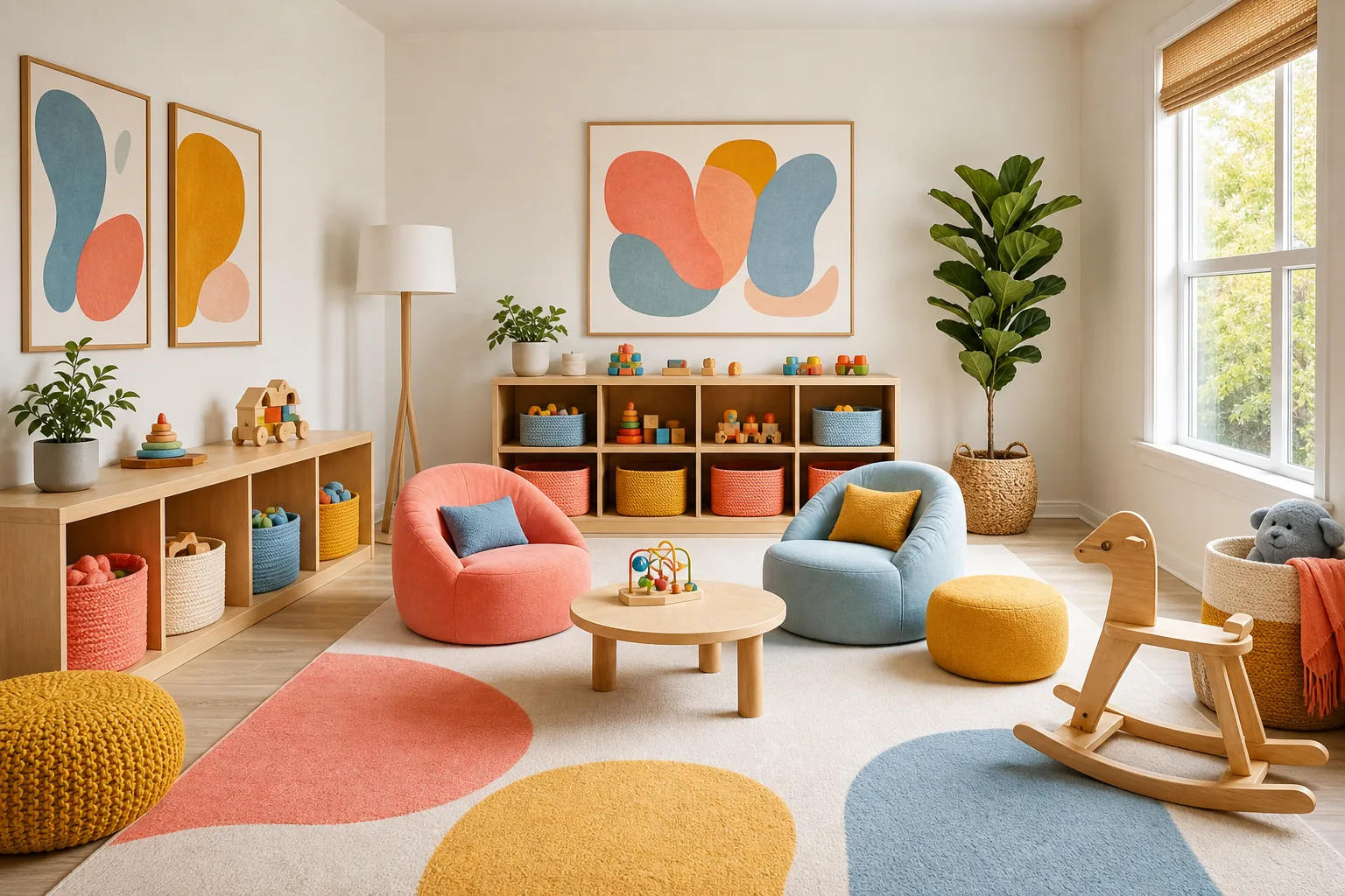 21 Playroom Inspiration Ideas for a Fun, Organized and Beautiful Kids' Space 7 Modern playroom with warm white walls, natural wood storage and cheerful coral, blue and mustard accents