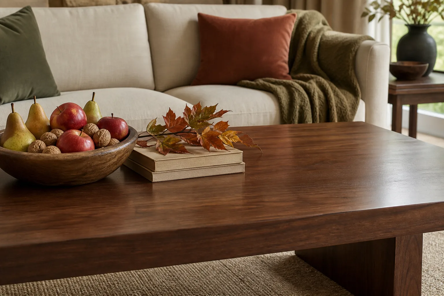 19 Fall Living Room Decor Ideas for 2026 That Feel Cozy and Collected 7 Round wood coffee table with a simple harvest bowl, books and autumn branches
