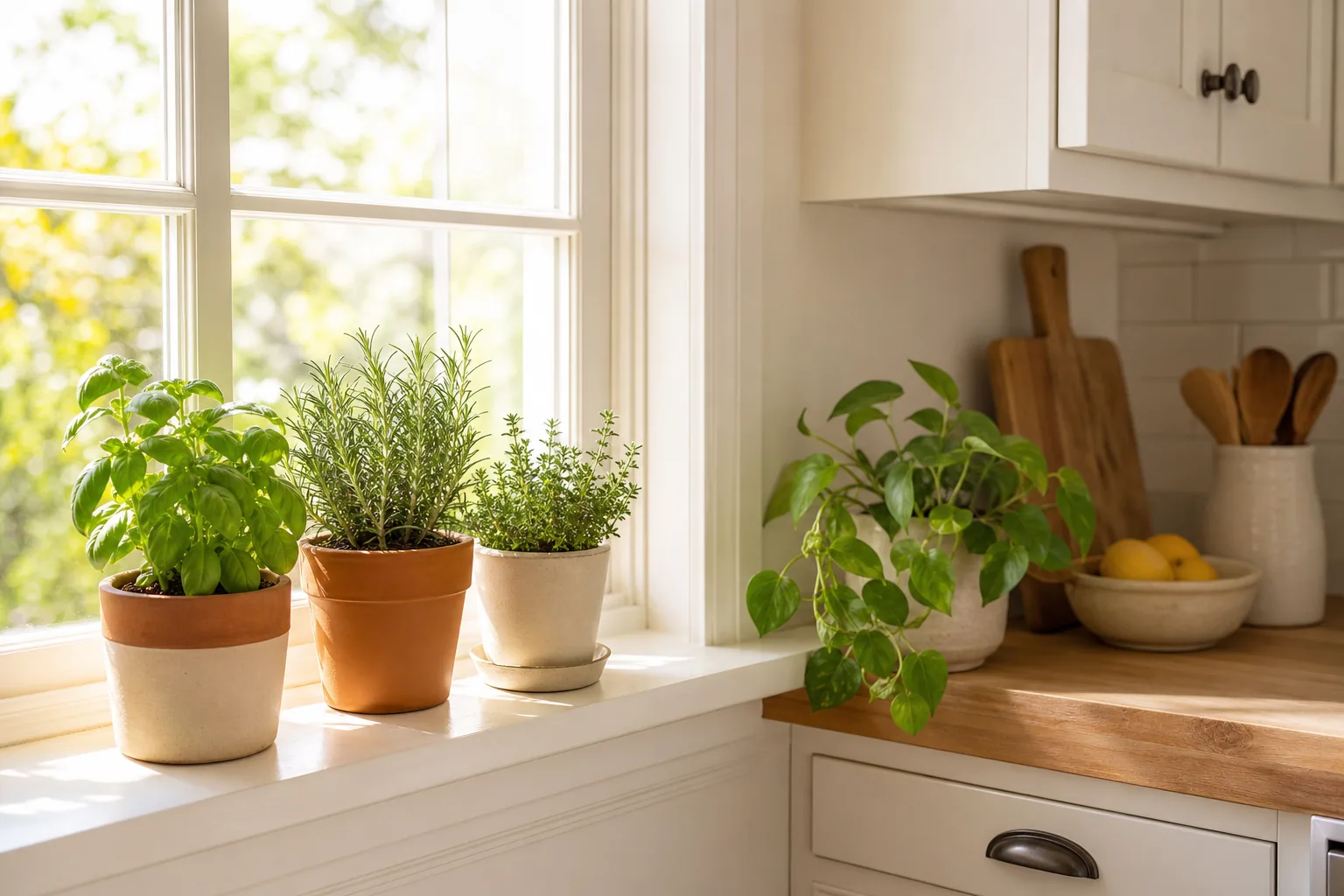 Sunny kitchen windowsill with potted basil, rosemary and small leafy plants