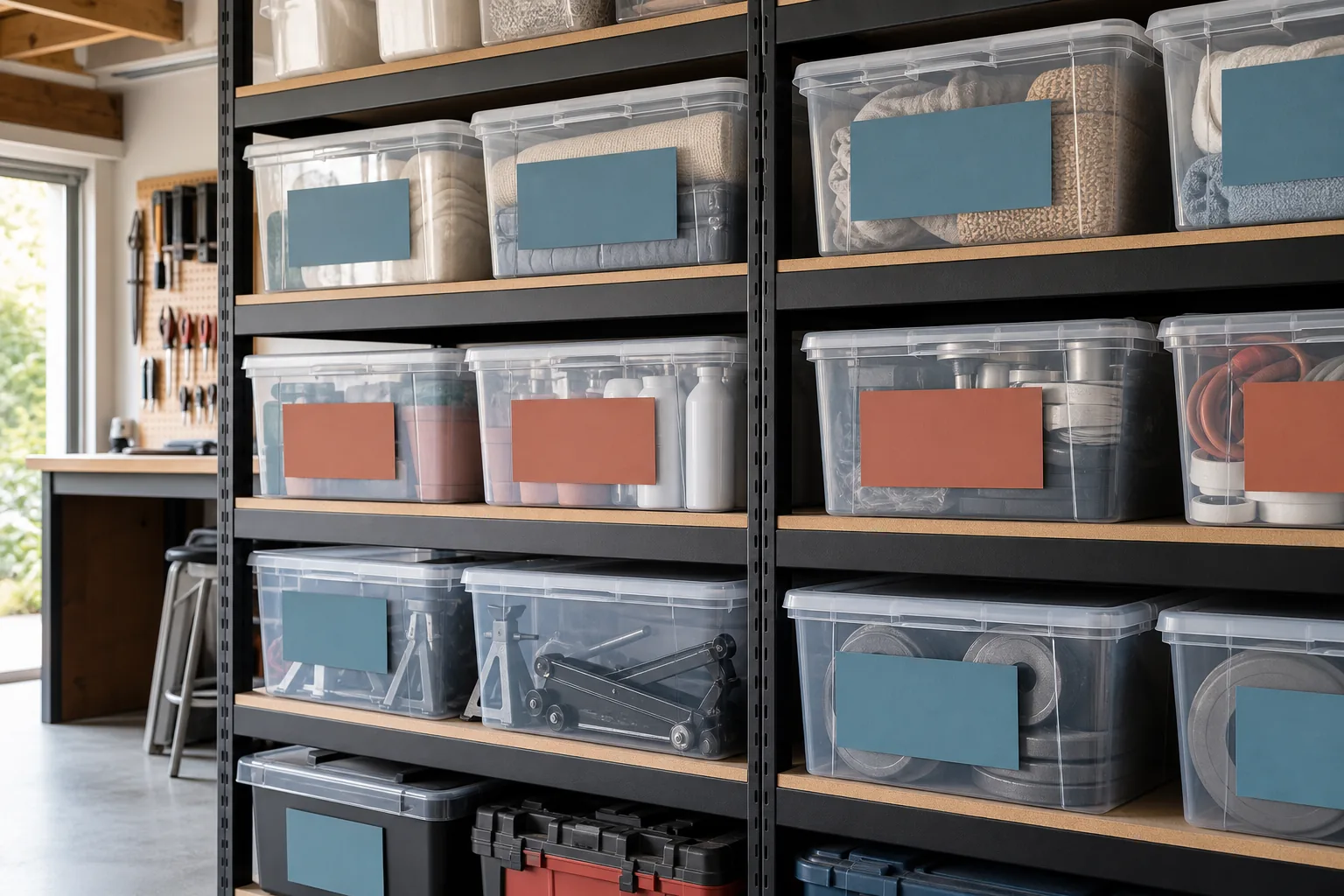 Clear garage storage bins with large simple category labels arranged neatly on metal shelves
