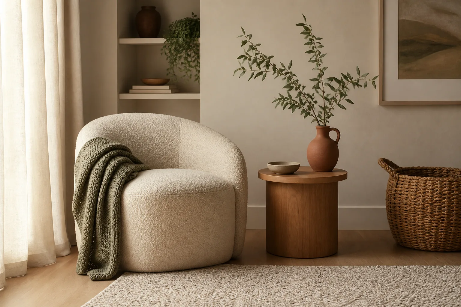 22 Cozy Apartment Aesthetic Ideas That Feel Warm, Not Cluttered 7 Warm apartment corner layered with linen, boucle, knit, woven basket and natural wood textures