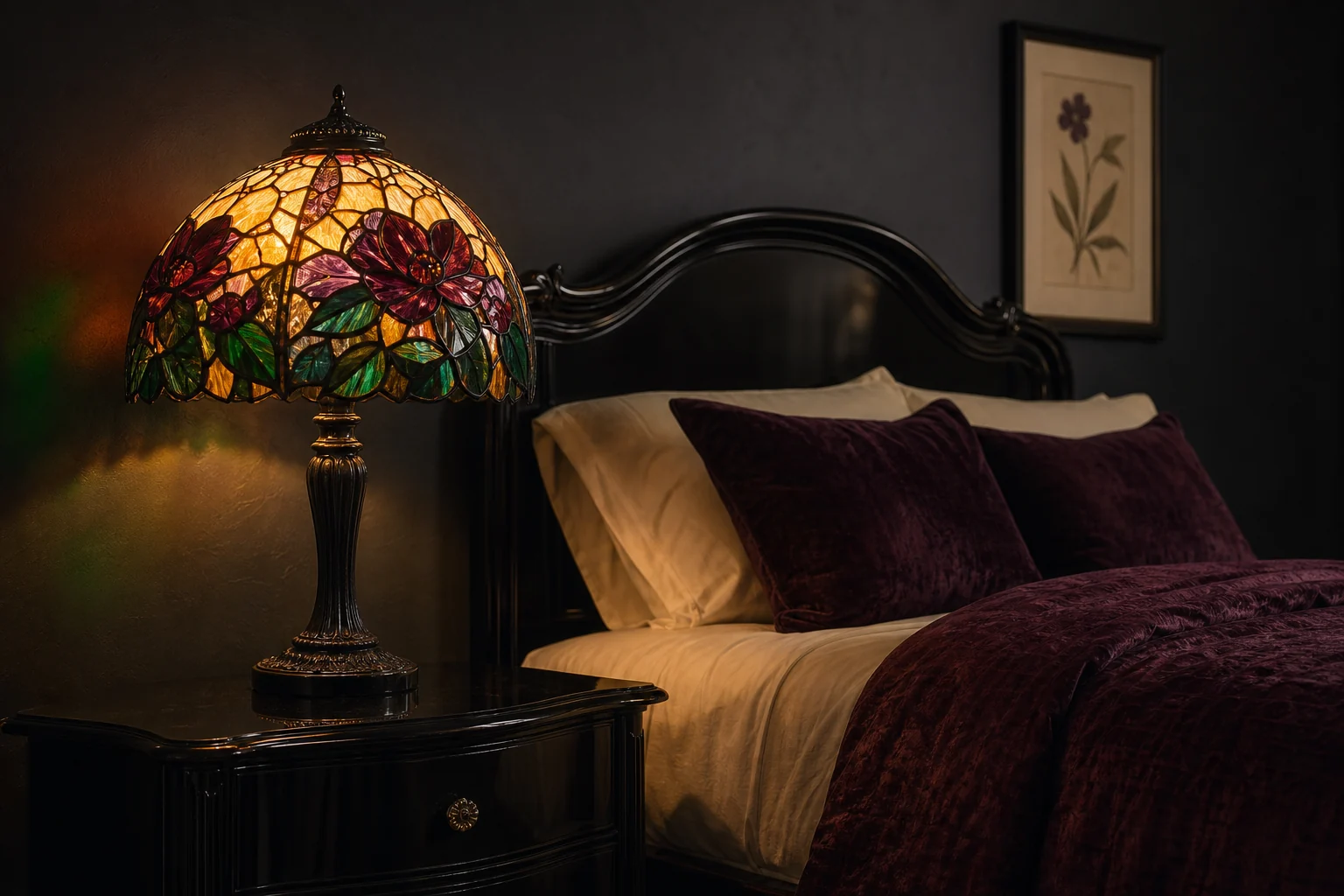 Black Nouveau bedroom with a glowing stained glass bedside lamp, plum bedding and charcoal walls