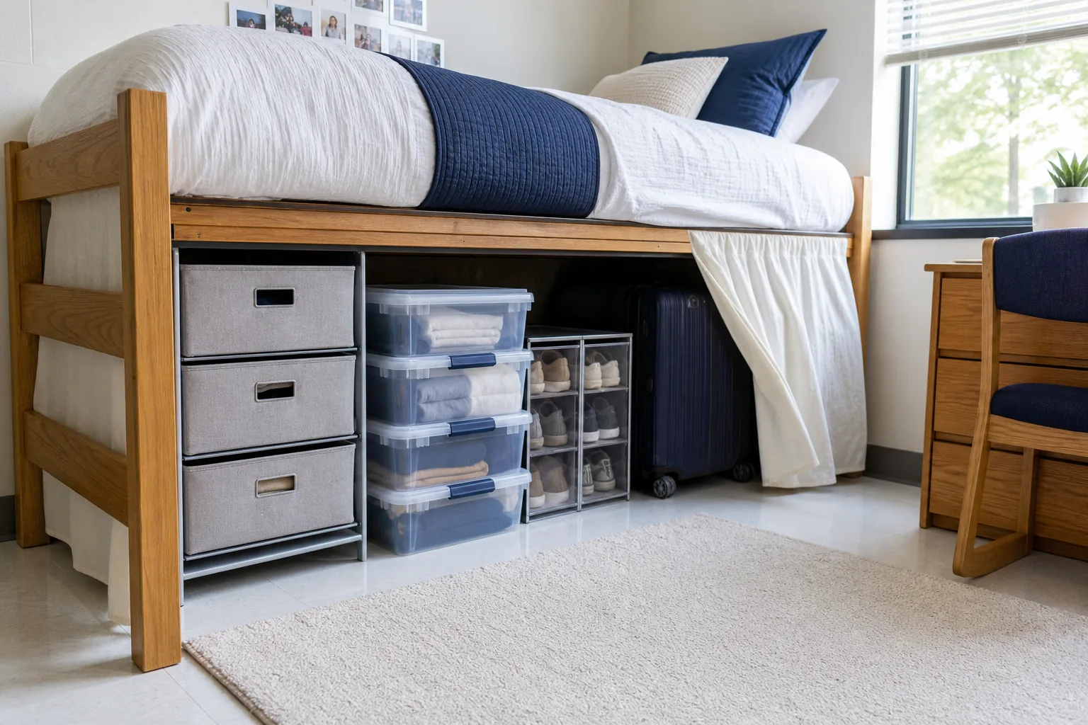 Organized dorm bed with labeled fabric drawers, rolling bins and luggage stored neatly underneath