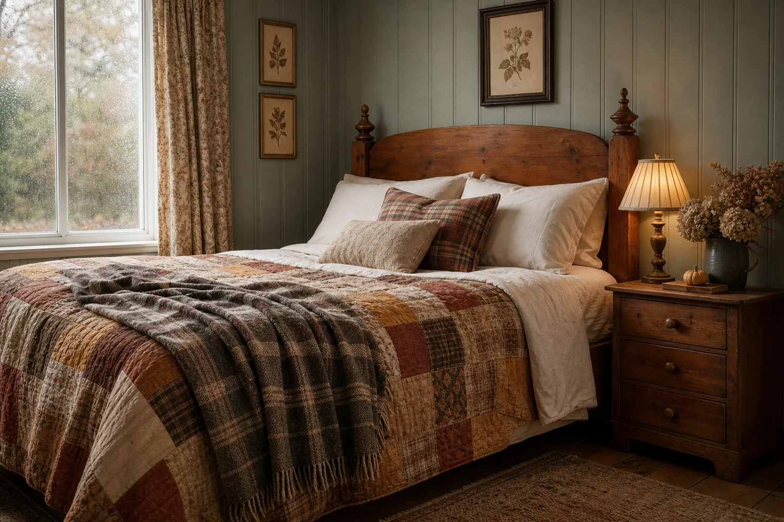Vintage cottage fall bedroom with sage paneled walls, patchwork quilt, plaid wool throw and antique pine bed