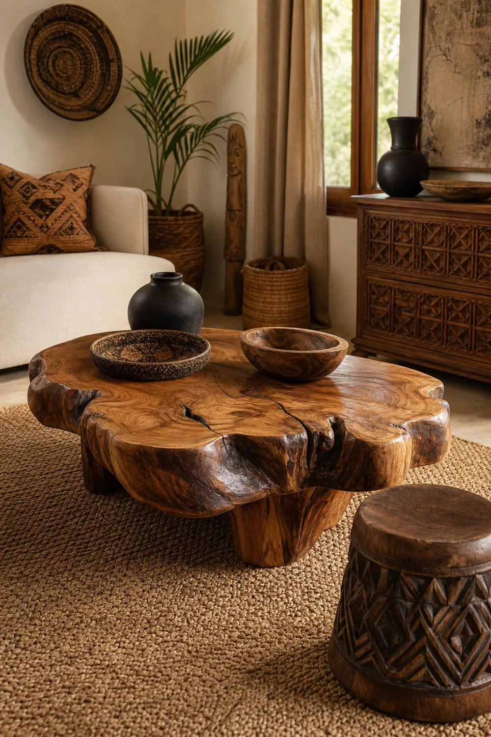 Natural wood-grain coffee table in an Afrobohemian interior