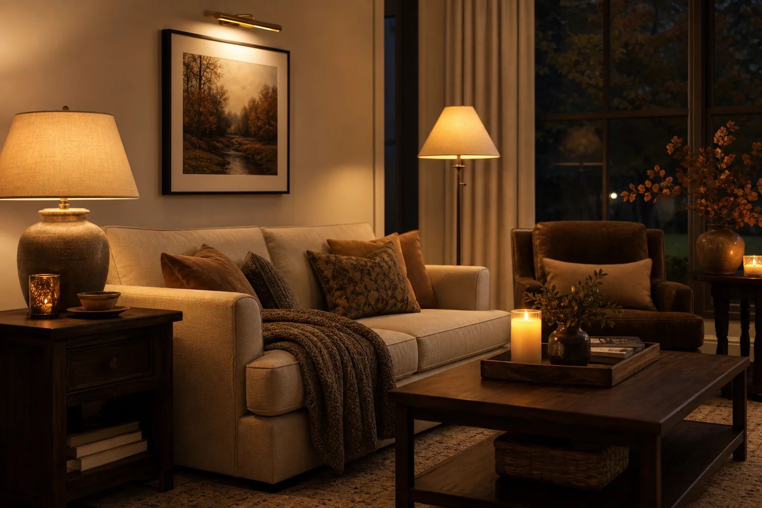 21 Cozy Fall Room Decor Ideas for a Warm, Aesthetic Home 6 Cozy fall living room illuminated by layered table lamps, a floor lamp and warm candles