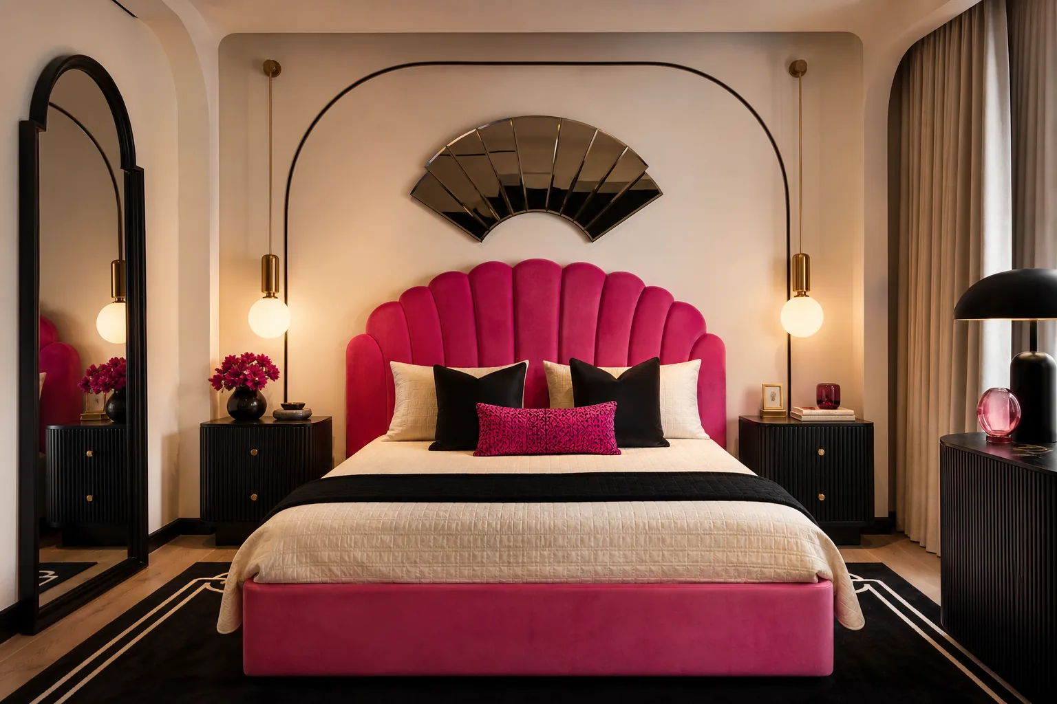Art Deco inspired black and hot pink bedroom with curved furniture, fluted details and brass accents