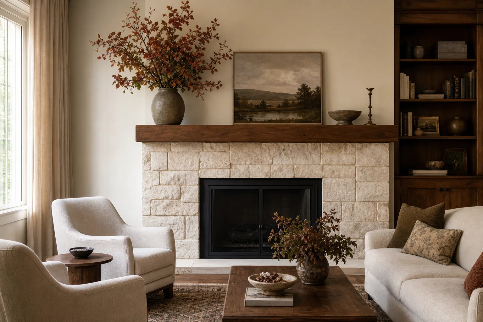 19 Fall Living Room Decor Ideas for 2026 That Feel Cozy and Collected 8 Stone fireplace mantel styled asymmetrically with fall branches, framed art and brass accents