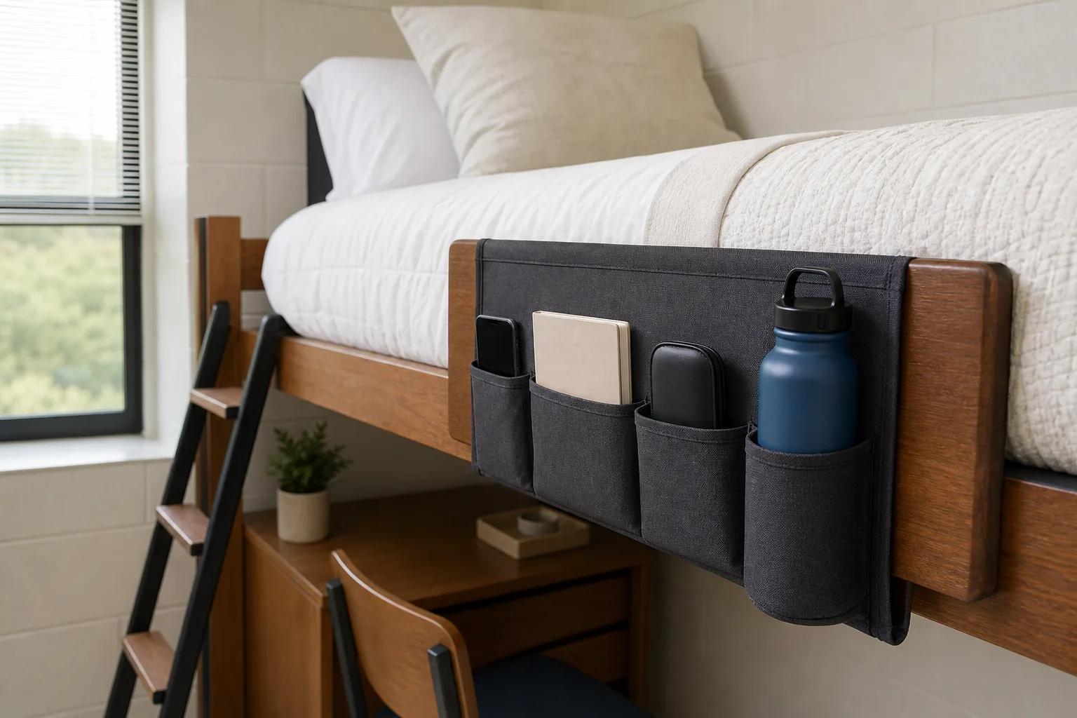Lofted dorm bed with a slim bedside caddy holding a phone, book, glasses and water bottle