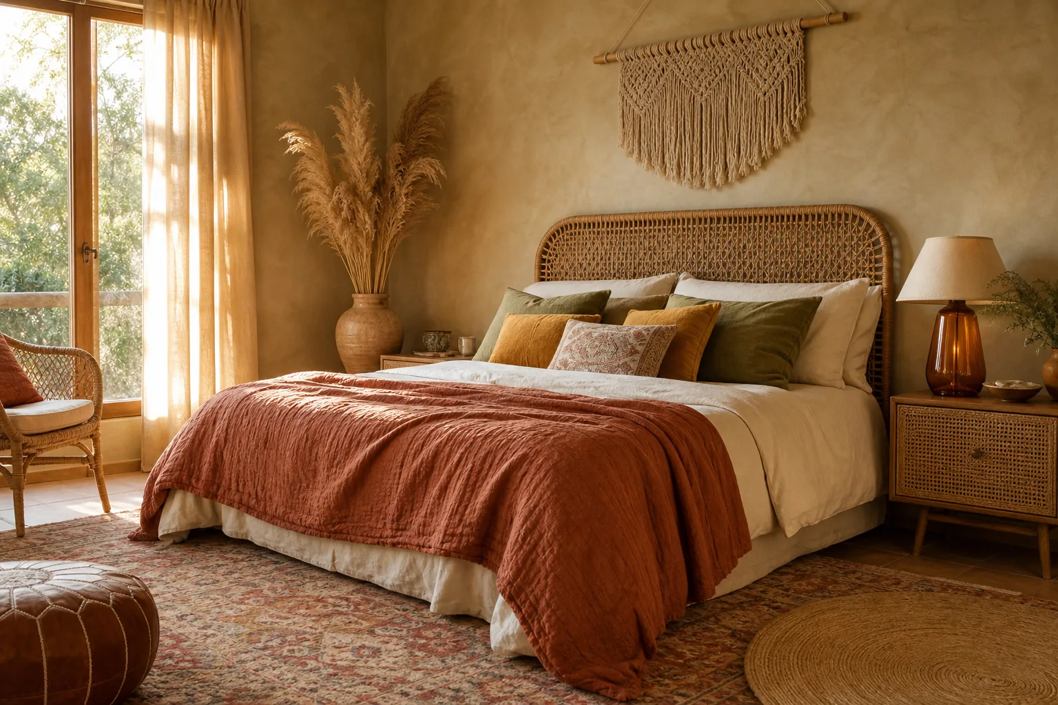 Boho fall bedroom with a rattan headboard, terracotta coverlet, olive pillows, woven rug and pampas grass