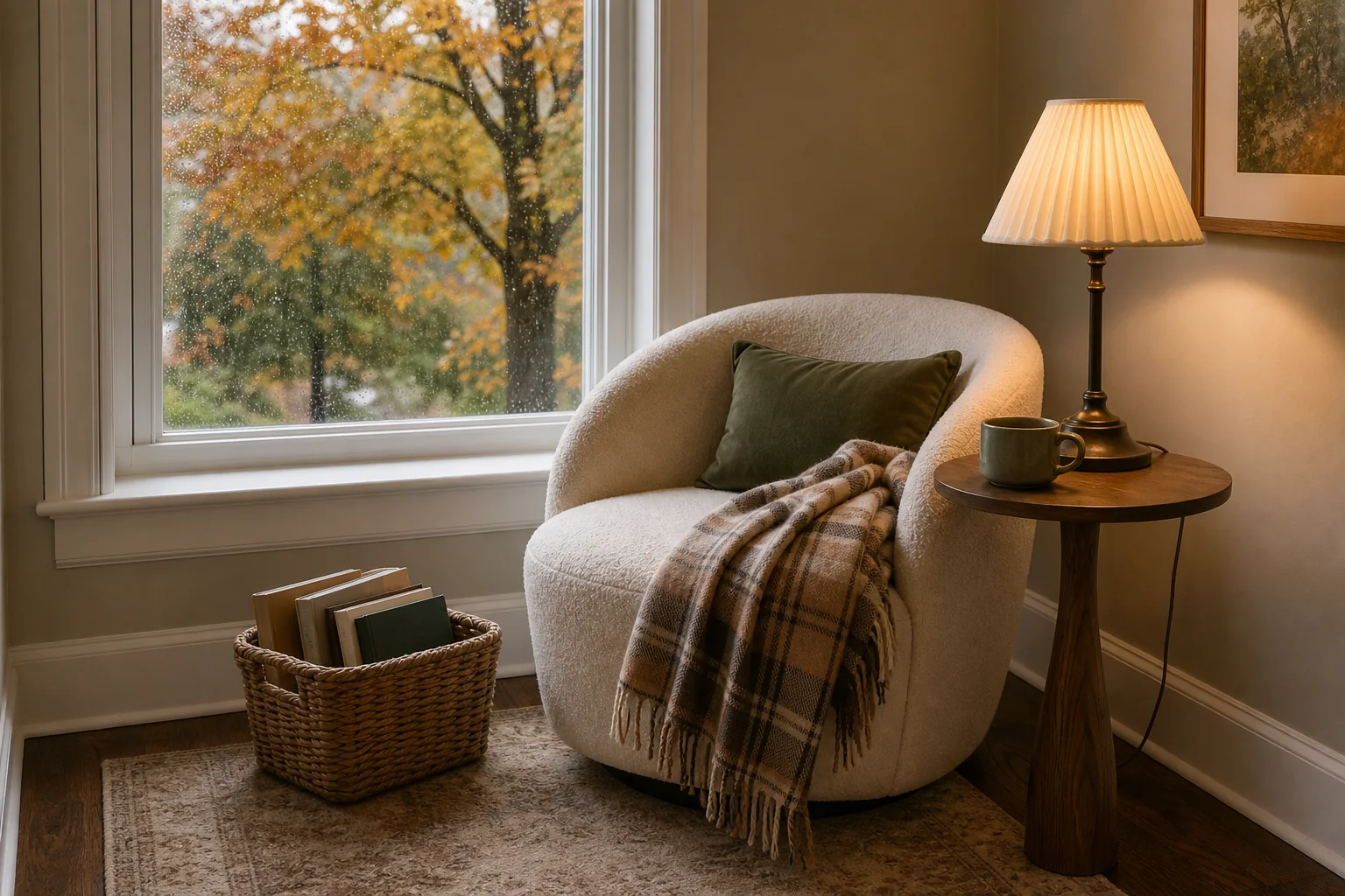 21 Cozy Fall Room Decor Ideas for a Warm, Aesthetic Home 7 Small cozy fall reading corner with a cream chair, plaid throw, warm lamp and basket of books
