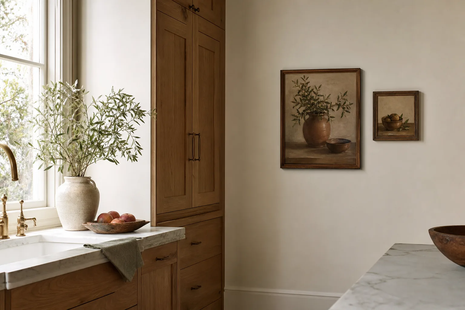 Warm kitchen wall decorated with two small framed still-life artworks beside wood cabinetry