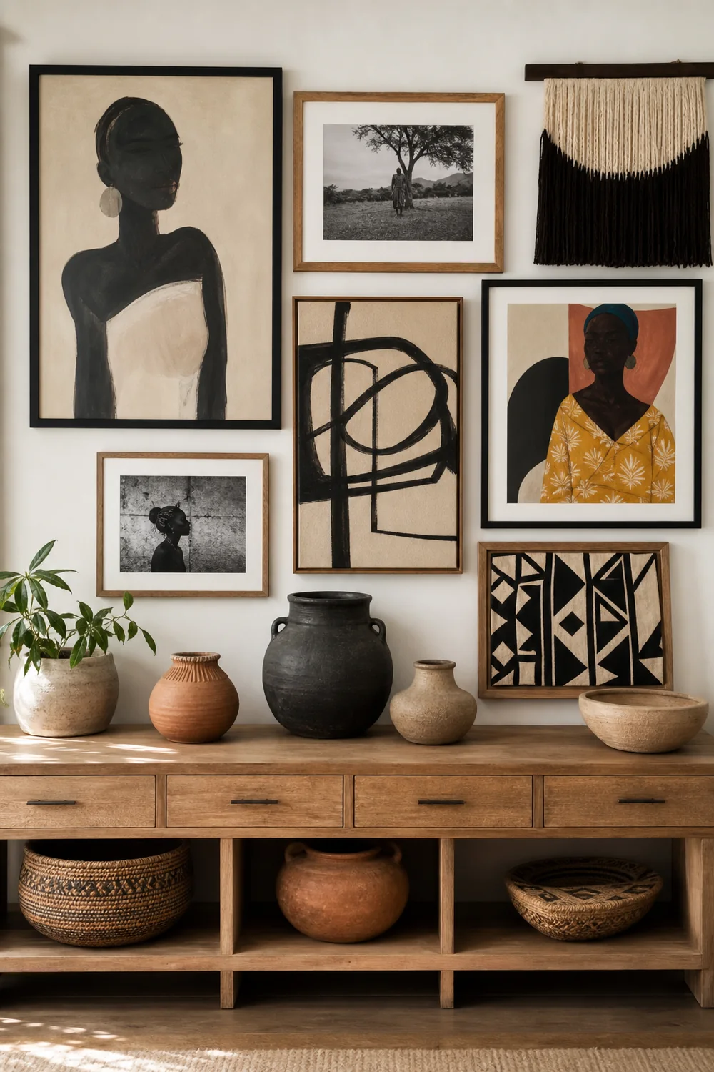 Meaningful art gallery wall in an Afrobohemian home