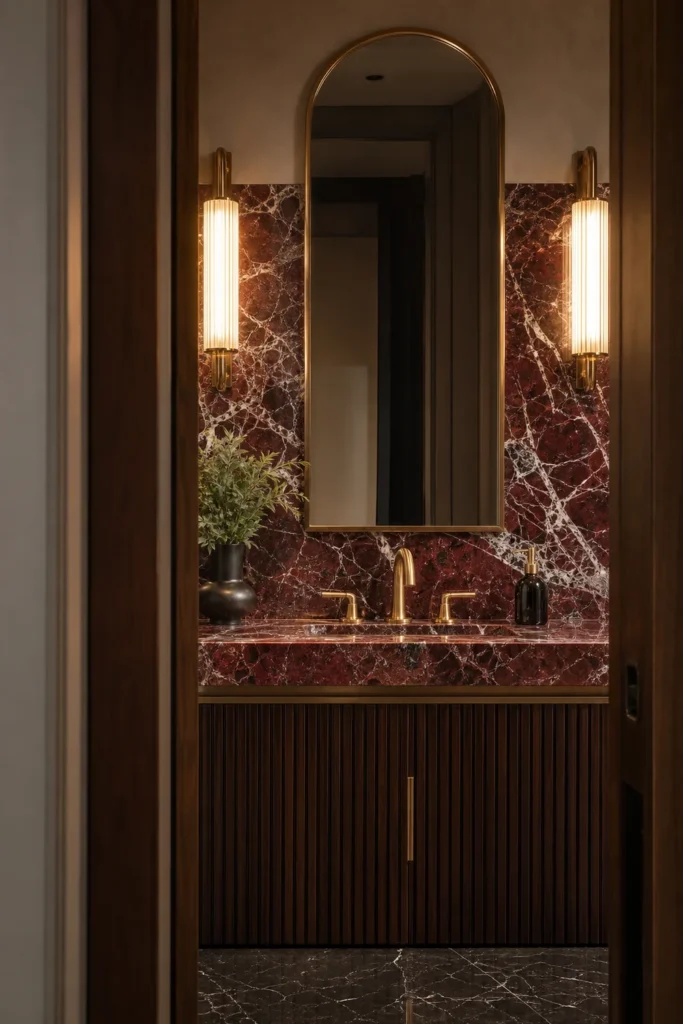 Red marble bathroom with modern Art Deco details