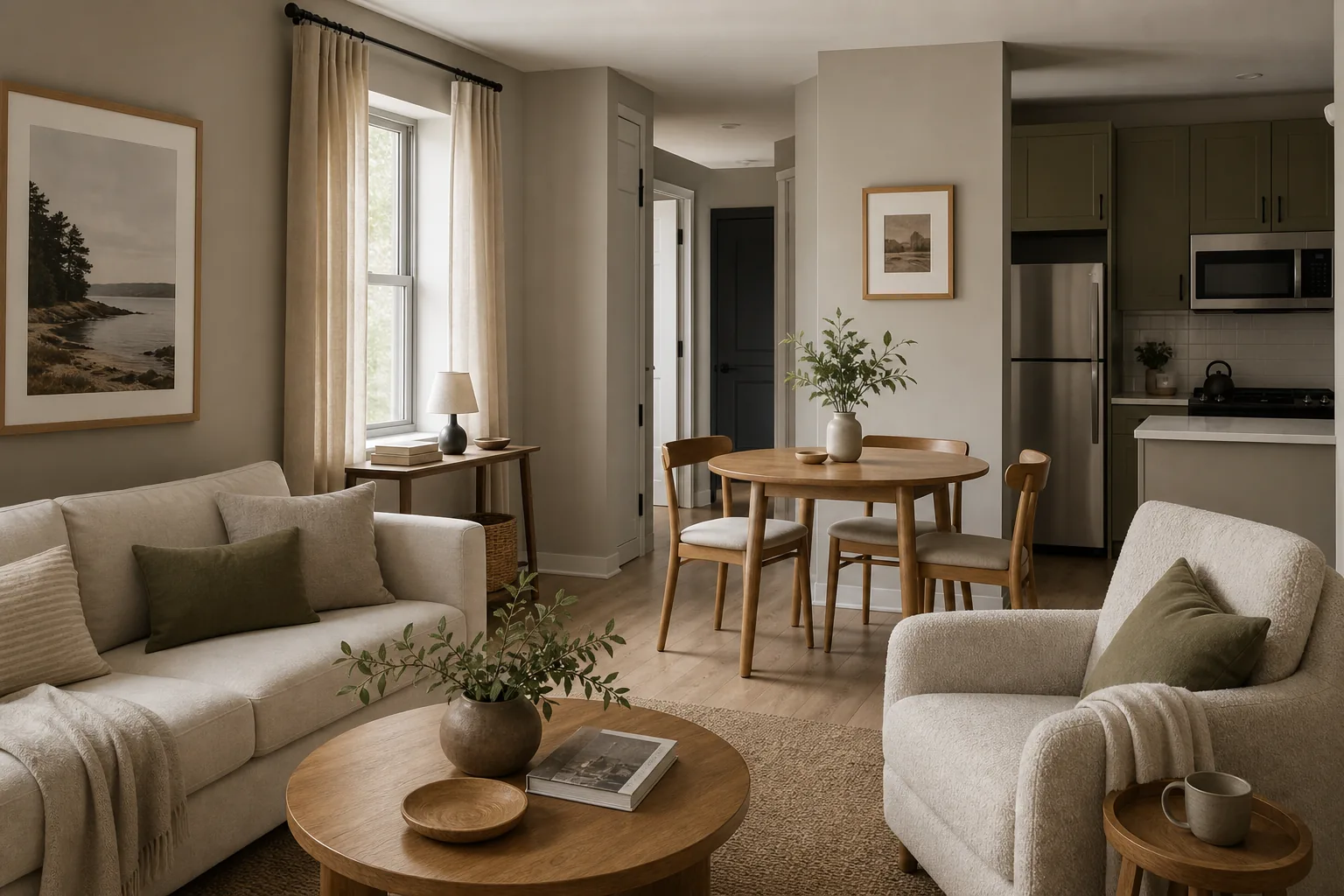 22 Cozy Apartment Aesthetic Ideas That Feel Warm, Not Cluttered 8 Small apartment living and dining zones connected by repeated warm oak furniture and frames