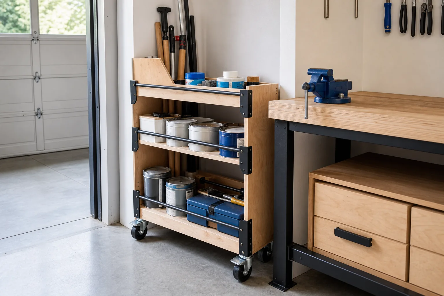 Slim DIY rolling garage cart storing paint supplies and tools beside a workbench