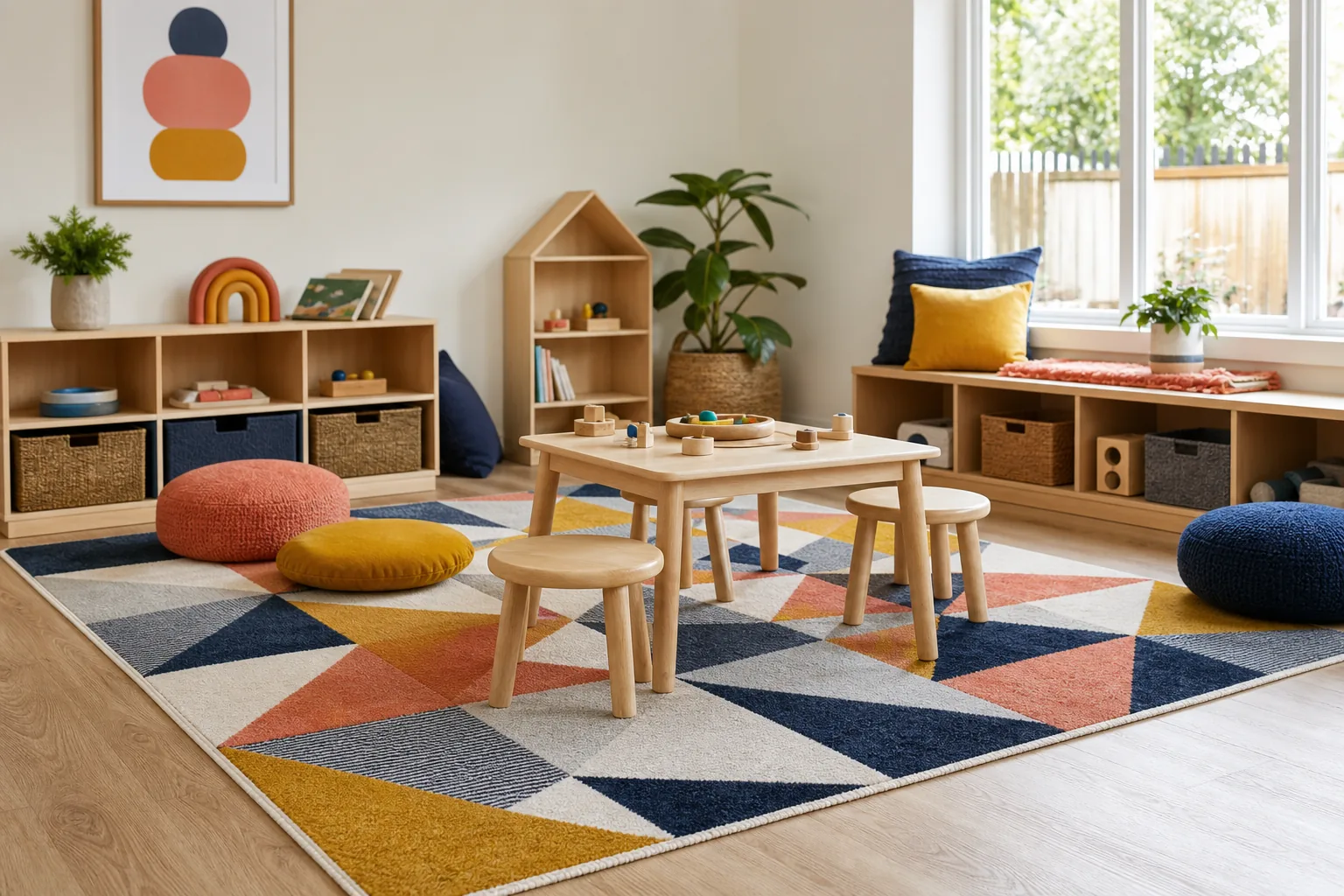 21 Playroom Inspiration Ideas for a Fun, Organized and Beautiful Kids' Space 8 Cheerful playroom centered on a washable geometric rug with low shelves, floor cushions and open play space