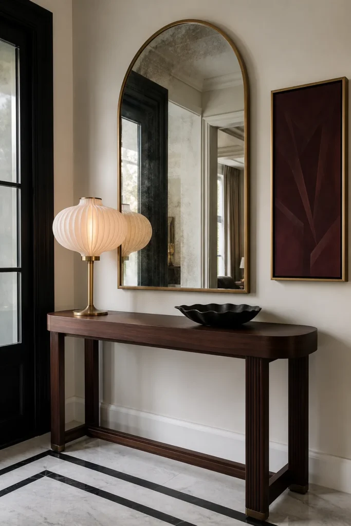 Arched brass mirror in a Neo Deco entryway