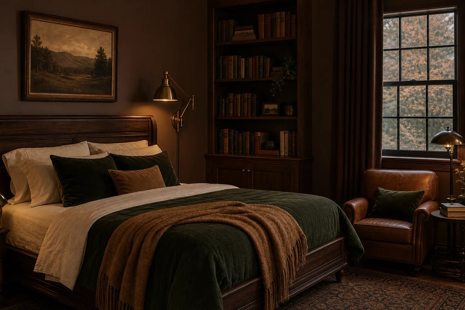 Dark academia fall bedroom with forest green bedding, walnut furniture, brass reading lights and a cozy bookcase