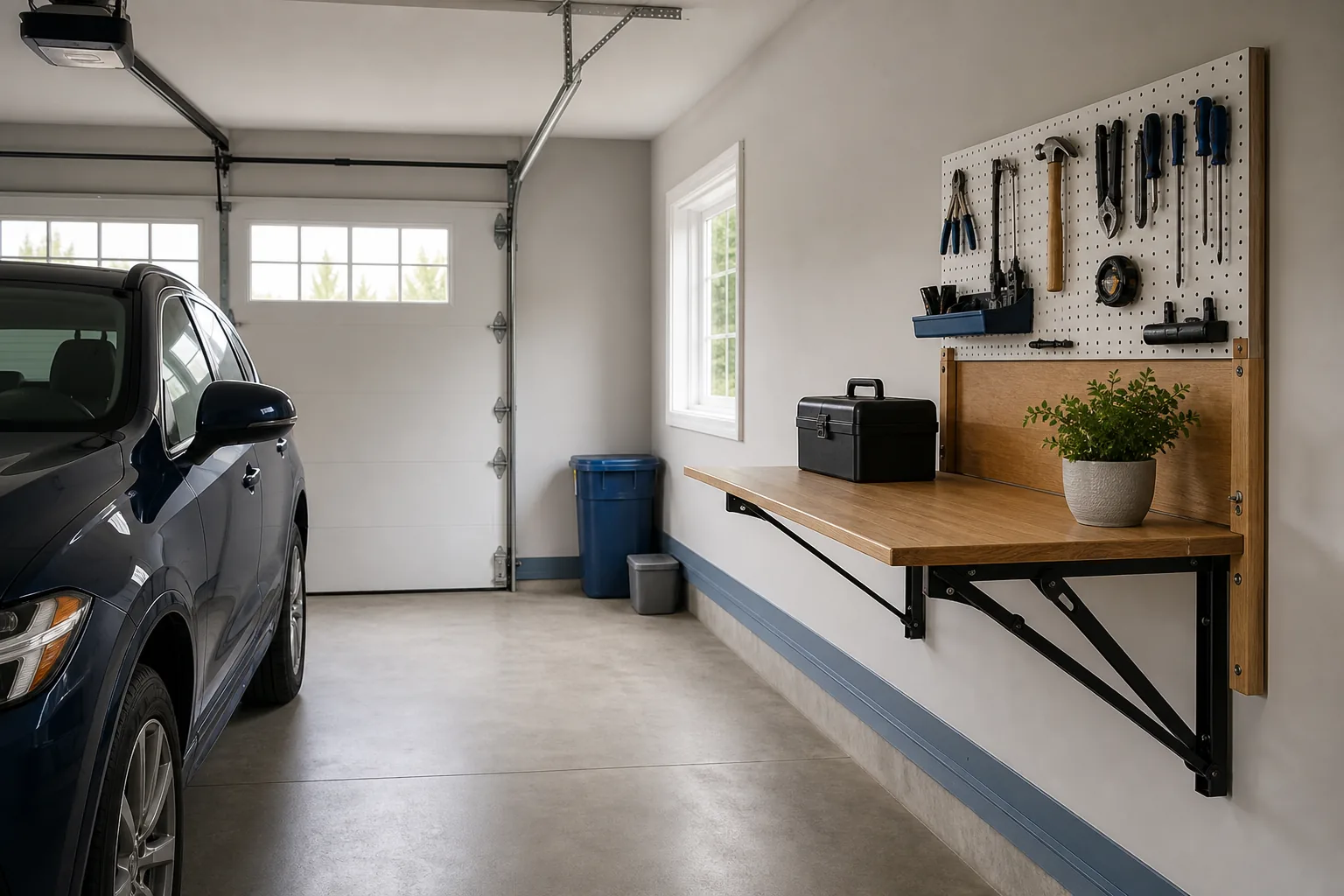 Wall-mounted fold-down wood workbench open in a small garage with tools stored above it