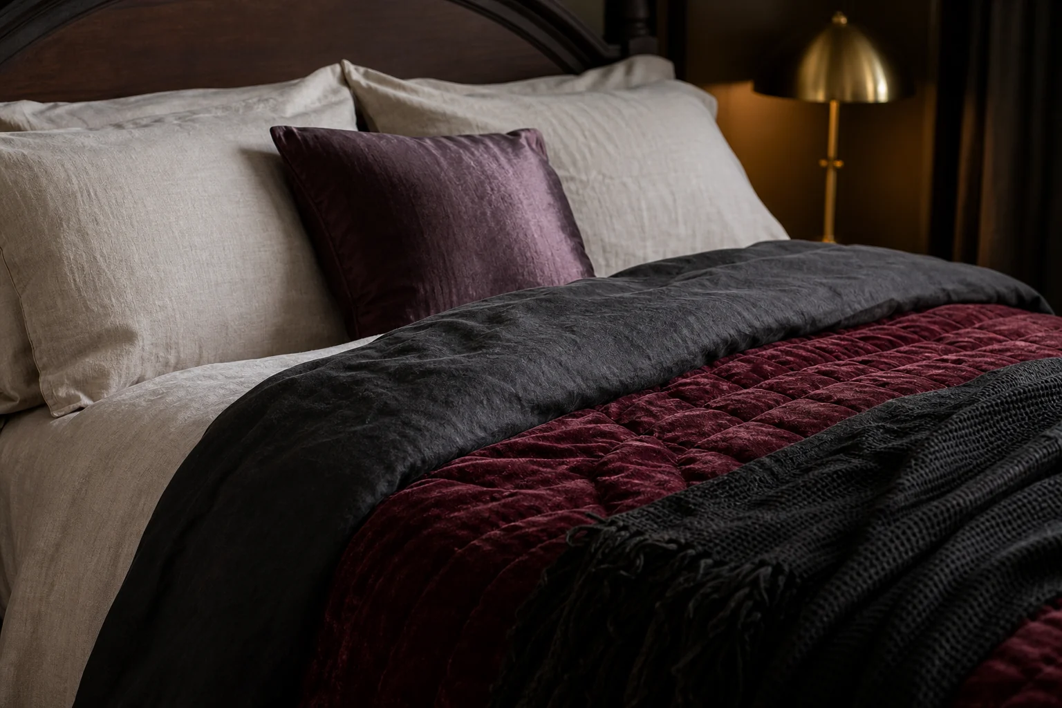 Layered Black Nouveau bed with charcoal linen, burgundy velvet, ivory sheets and a soft silk-look cushion