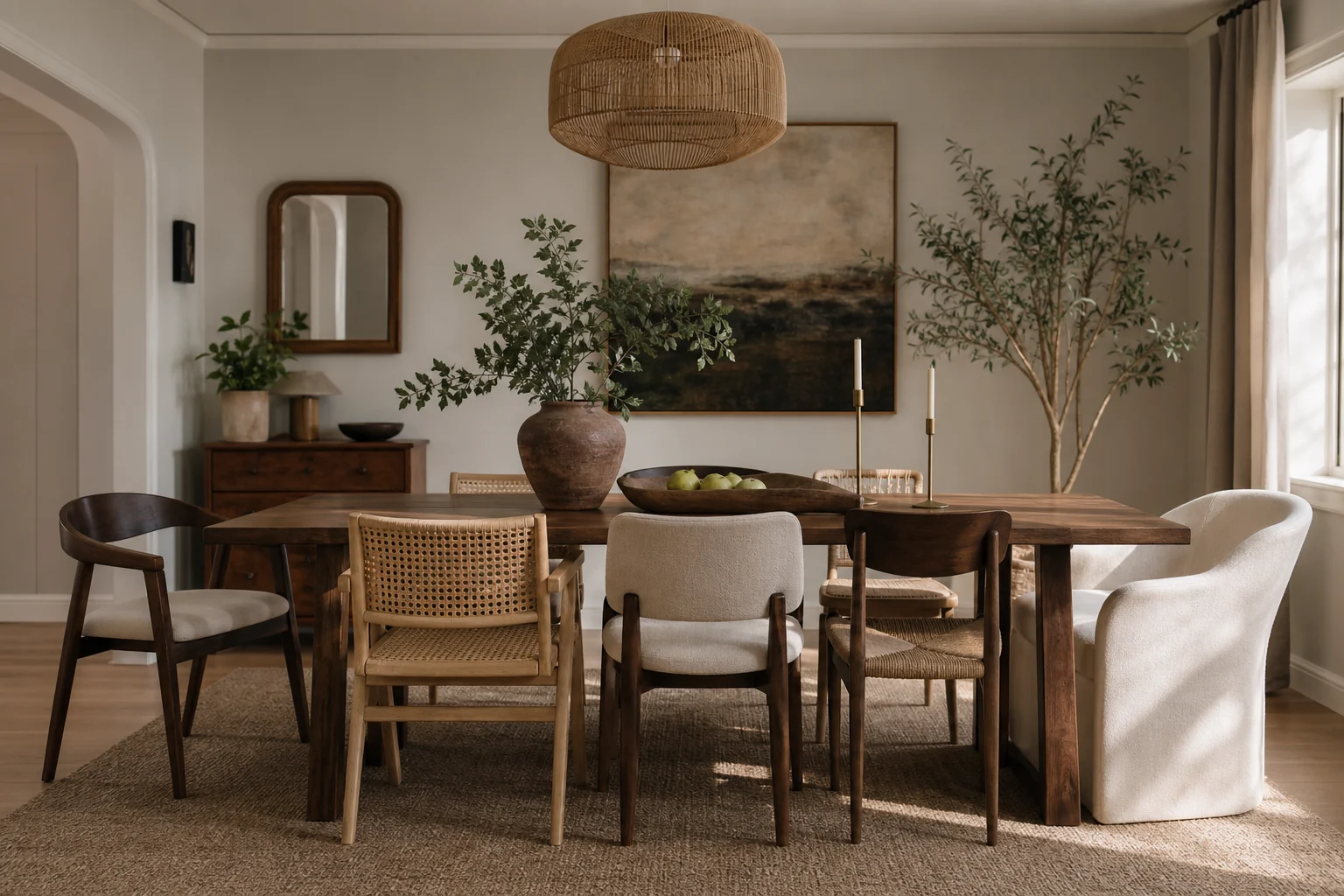 Mix and match dining chairs around a simple wooden table
