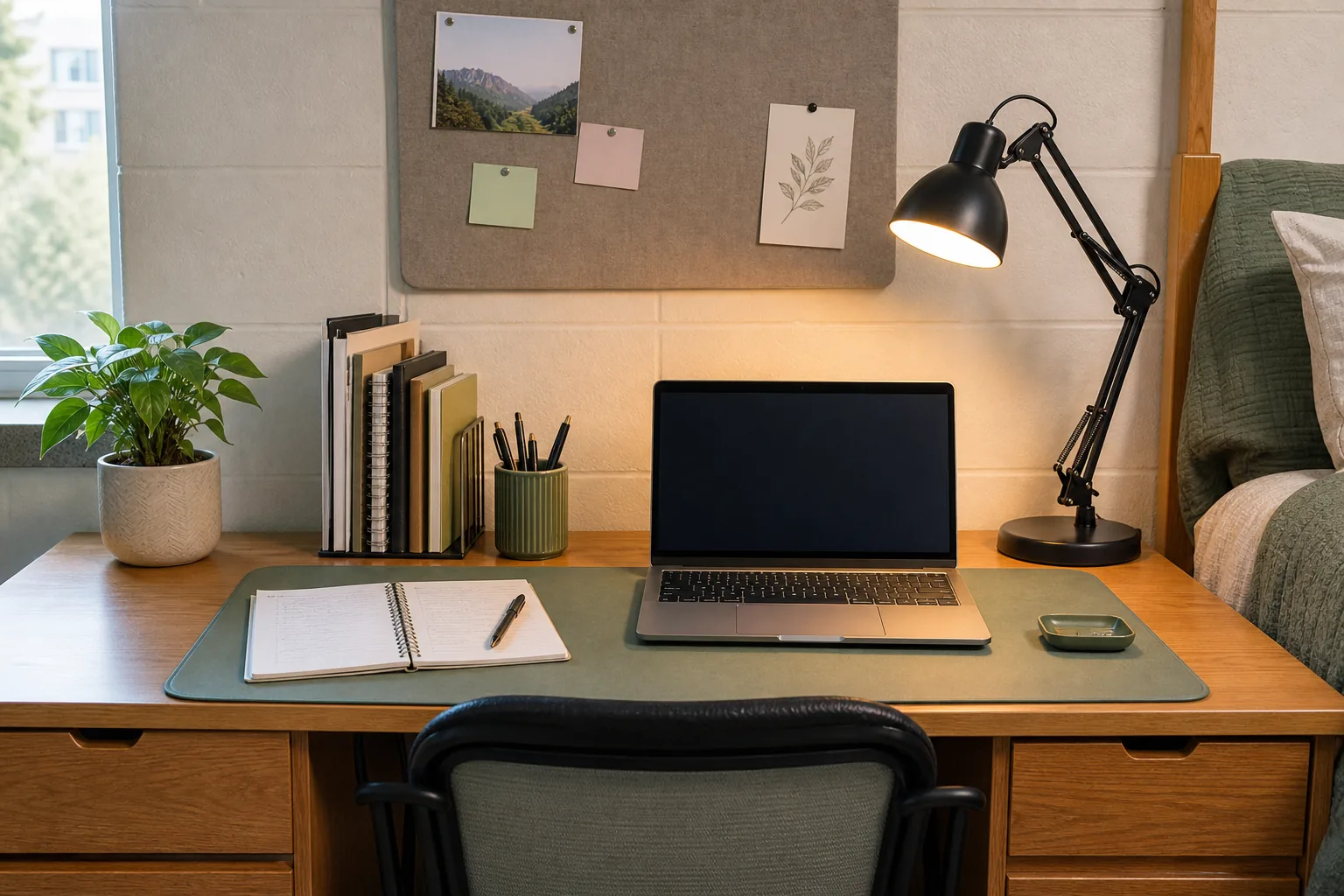 Organized dorm study desk with a padded desk mat, task lamp, vertical file holder and uncluttered laptop workspace