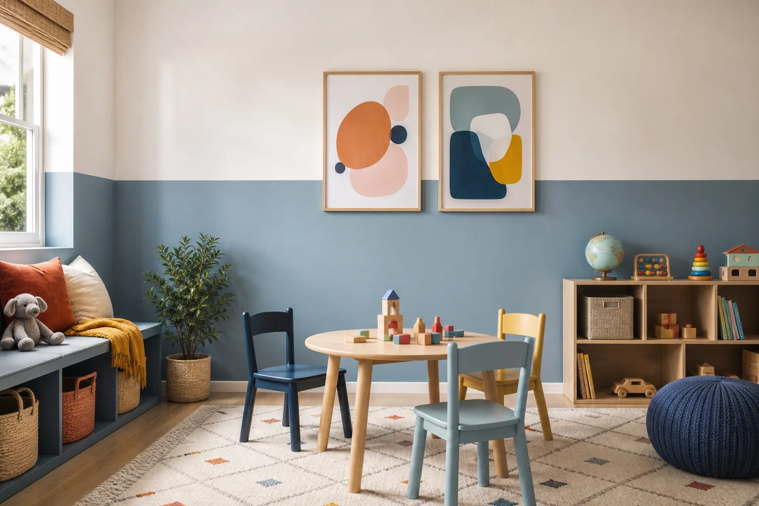 21 Playroom Inspiration Ideas for a Fun, Organized and Beautiful Kids' Space 9 Stylish playroom with a soft blue half-wall treatment, warm white upper walls and colorful child-height furniture