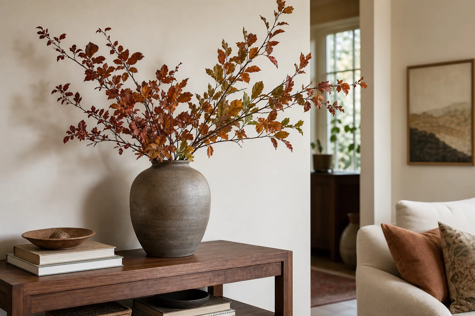 19 Fall Living Room Decor Ideas for 2026 That Feel Cozy and Collected 9 Sculptural autumn branch arrangement in a ceramic vase beside a living room sofa
