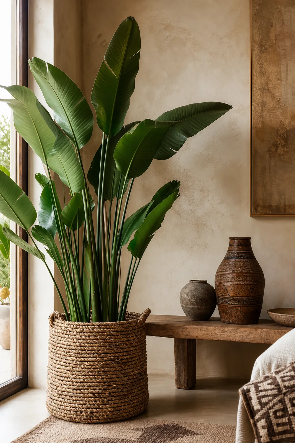 Tall sculptural greenery in a woven basket planter