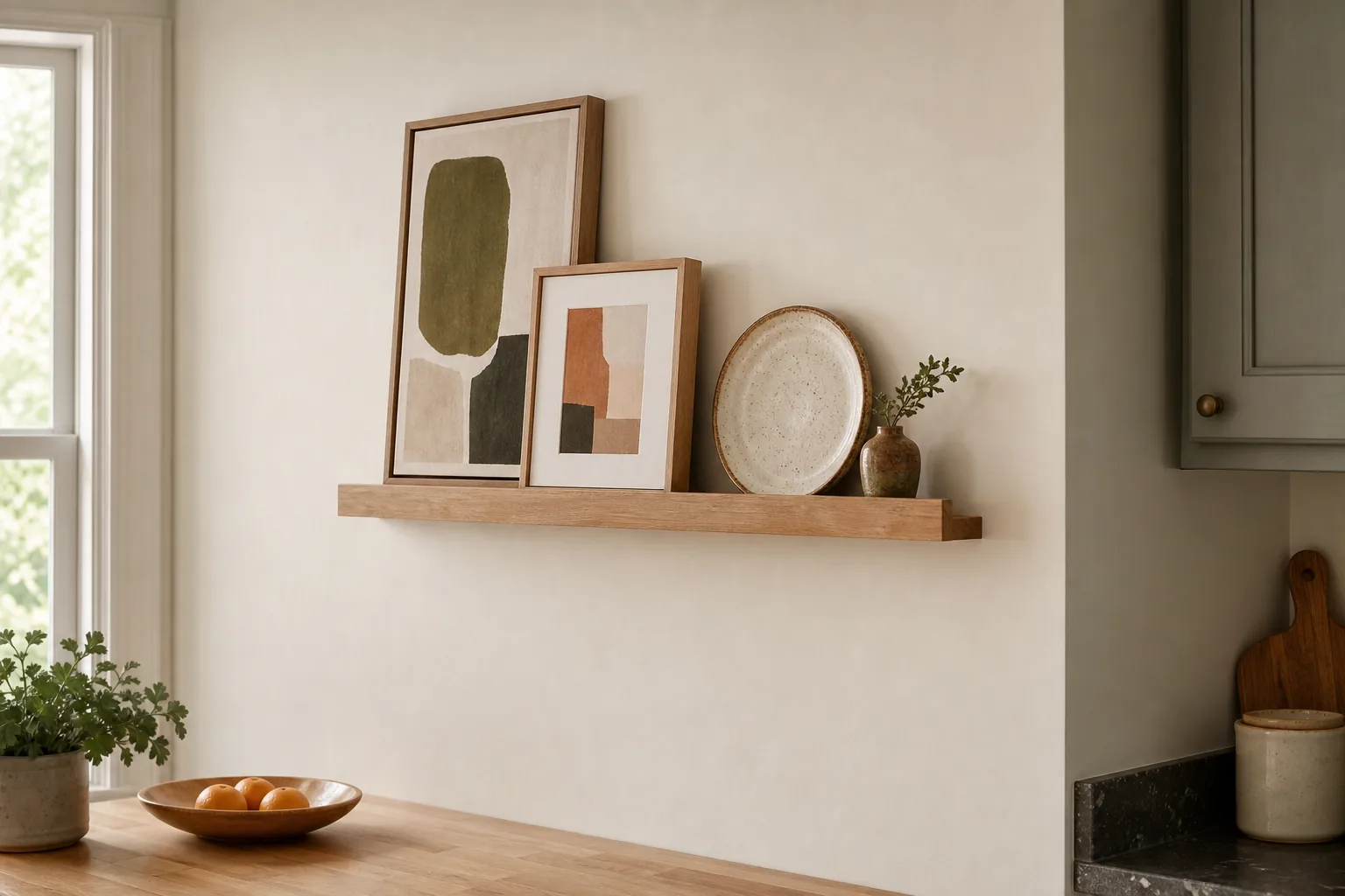 Slim oak picture ledge in a kitchen displaying small art, a plate and a ceramic vase