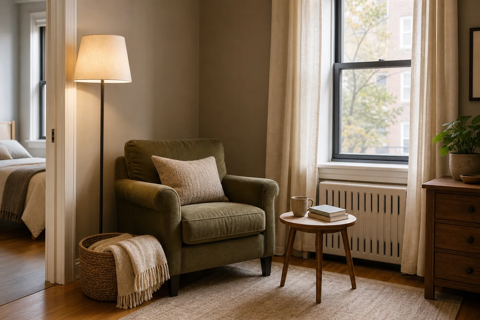 22 Cozy Apartment Aesthetic Ideas That Feel Warm, Not Cluttered 9 Tiny apartment reading nook with an upholstered chair, warm floor lamp and compact side table