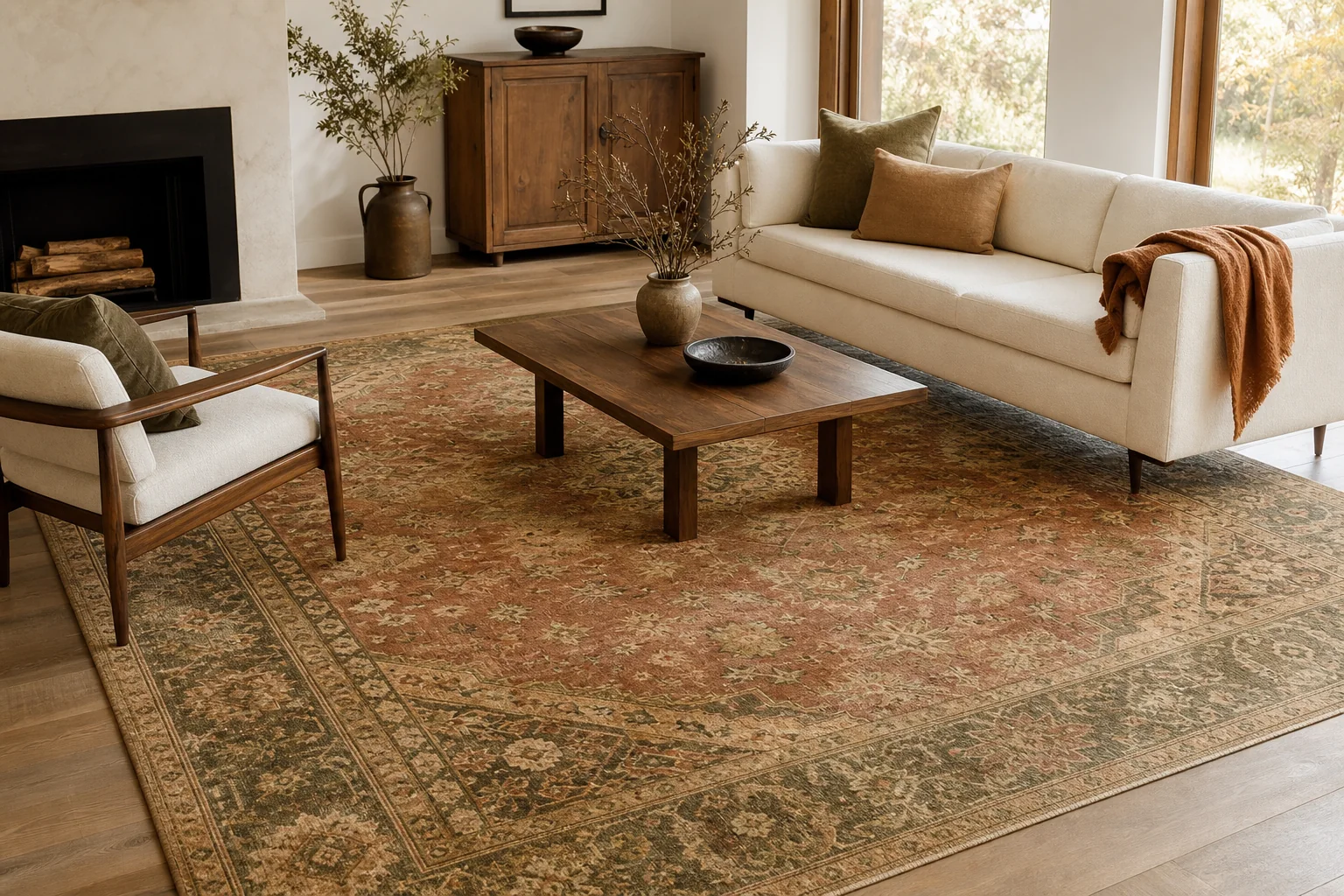 21 Cozy Fall Room Decor Ideas for a Warm, Aesthetic Home 8 Warm neutral fall living room grounded by a large vintage-inspired rust and olive rug